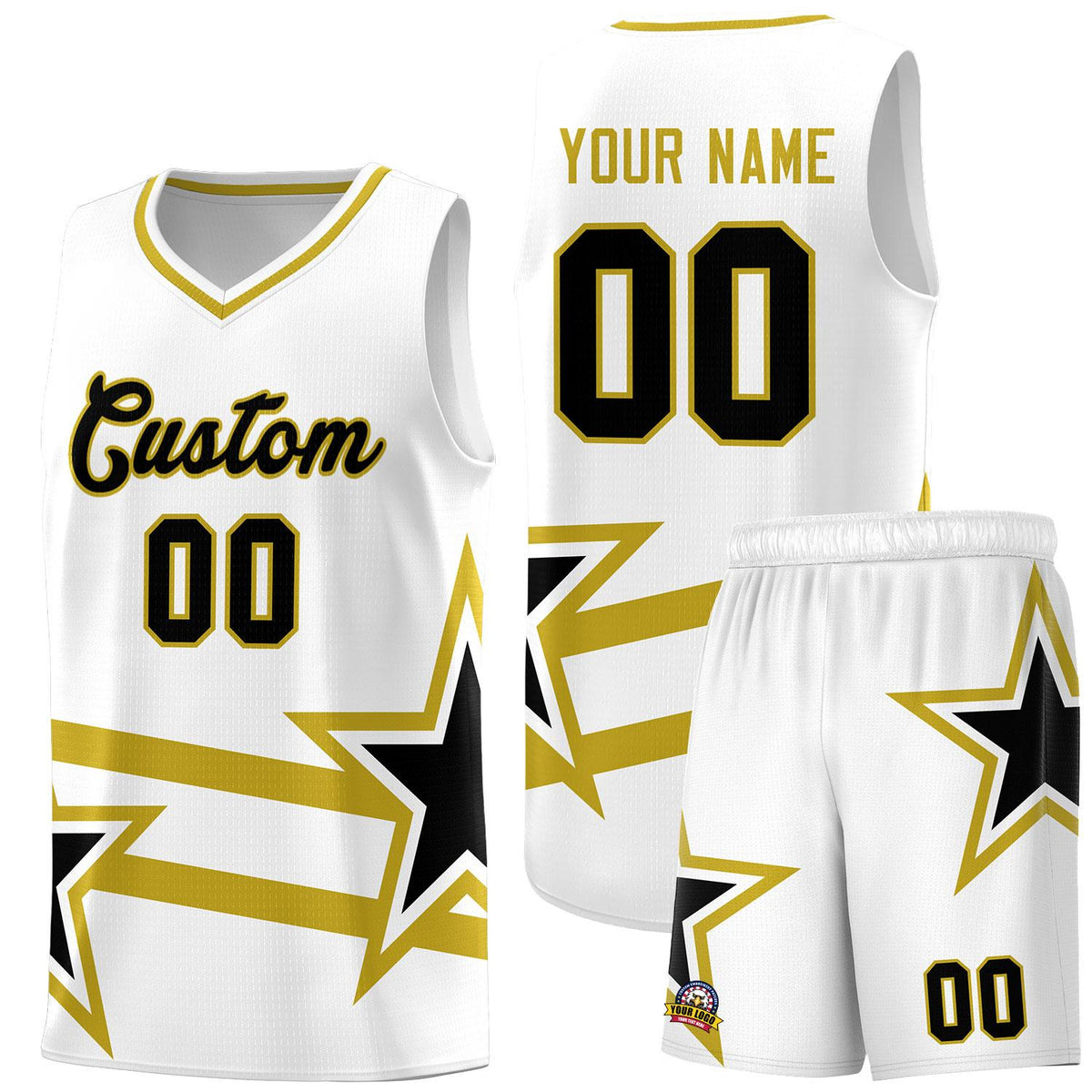 Custom White Basketball Kits With Old Gold Star Pattern And Double Lines