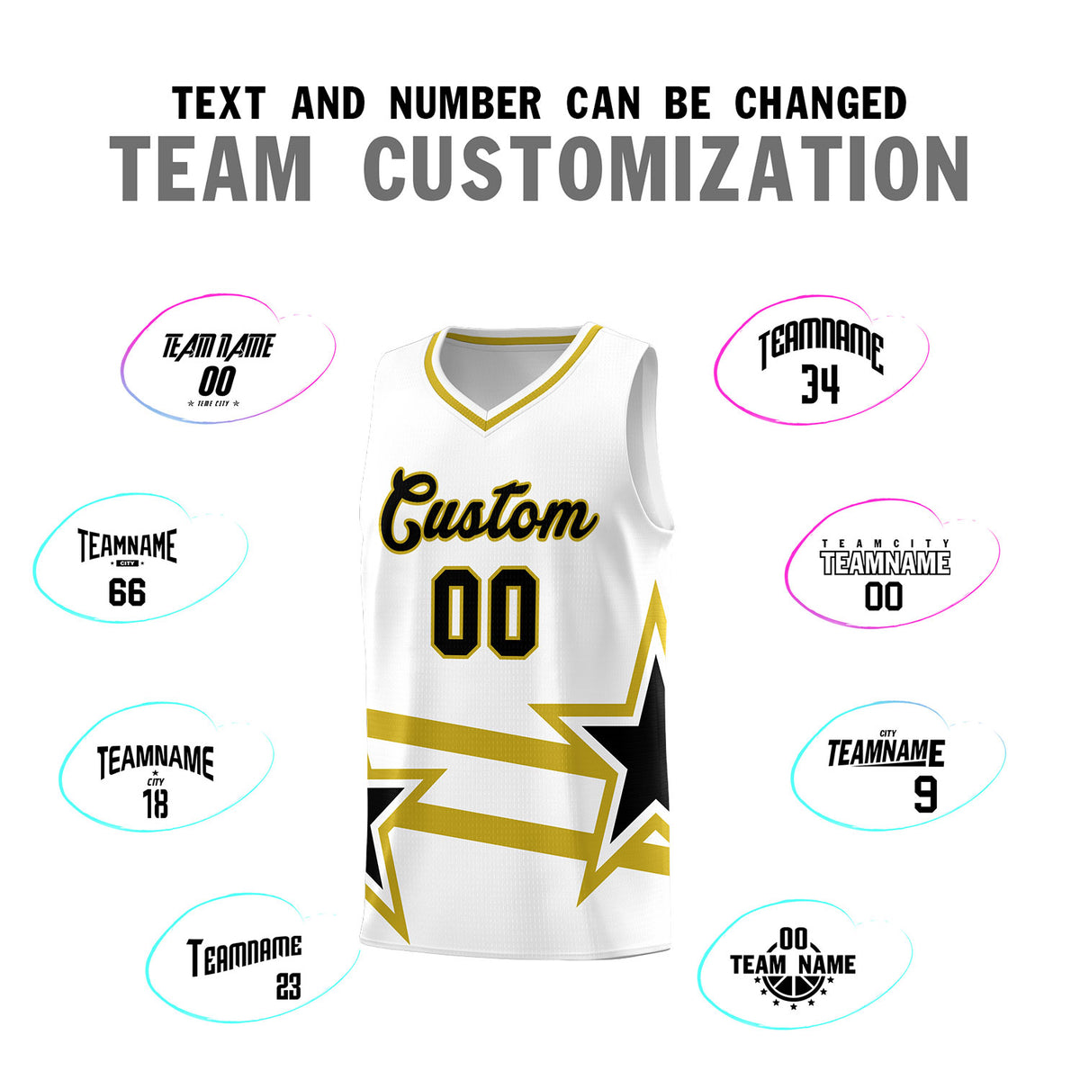 Custom White Basketball Kits With Old Gold Star Pattern And Double Lines