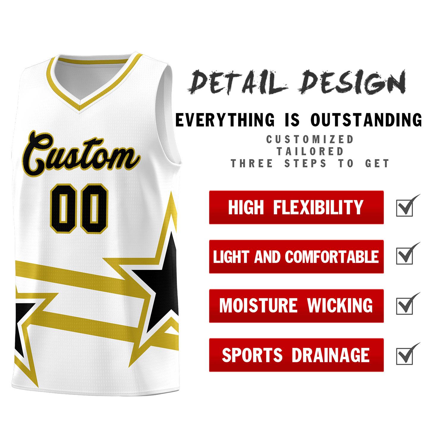 Custom White Basketball Kits With Old Gold Star Pattern And Double Lines