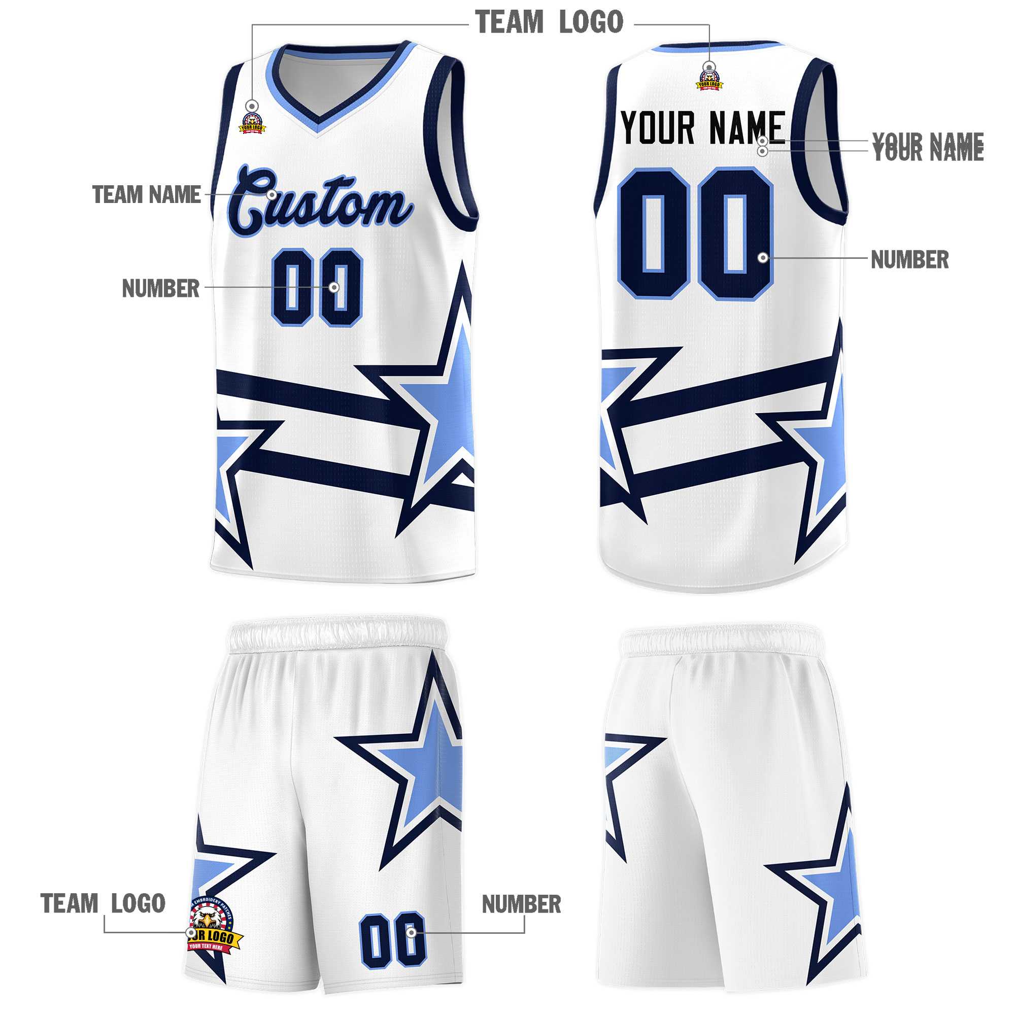 Custom White Basketball Kits With Light Blue Star Pattern And Double Lines
