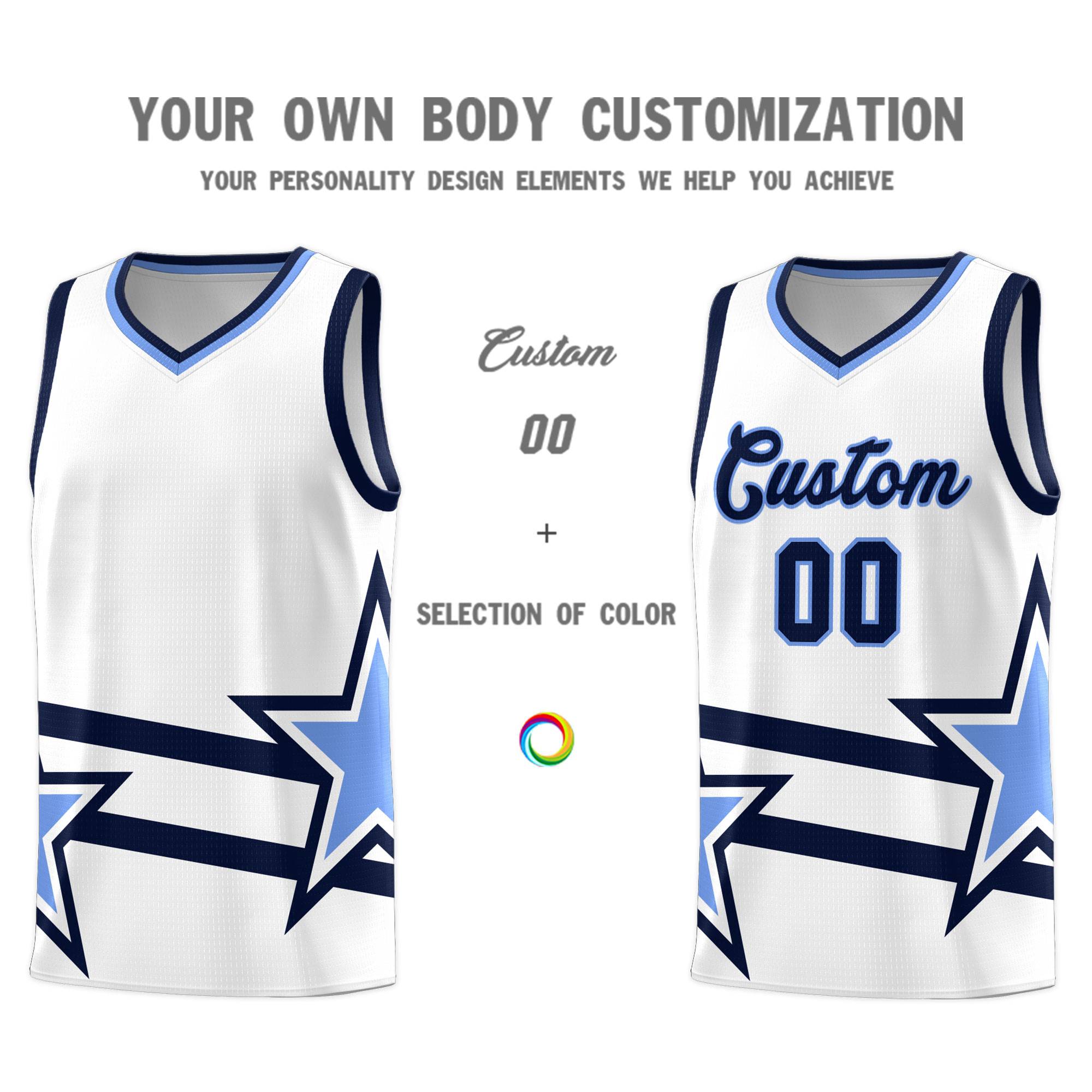 Custom White Basketball Kits With Light Blue Star Pattern And Double Lines