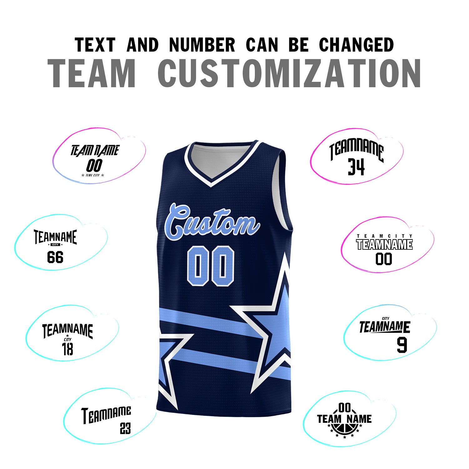 Custom Navy Basketball Kits With Light Blue Star Pattern And Double Lines
