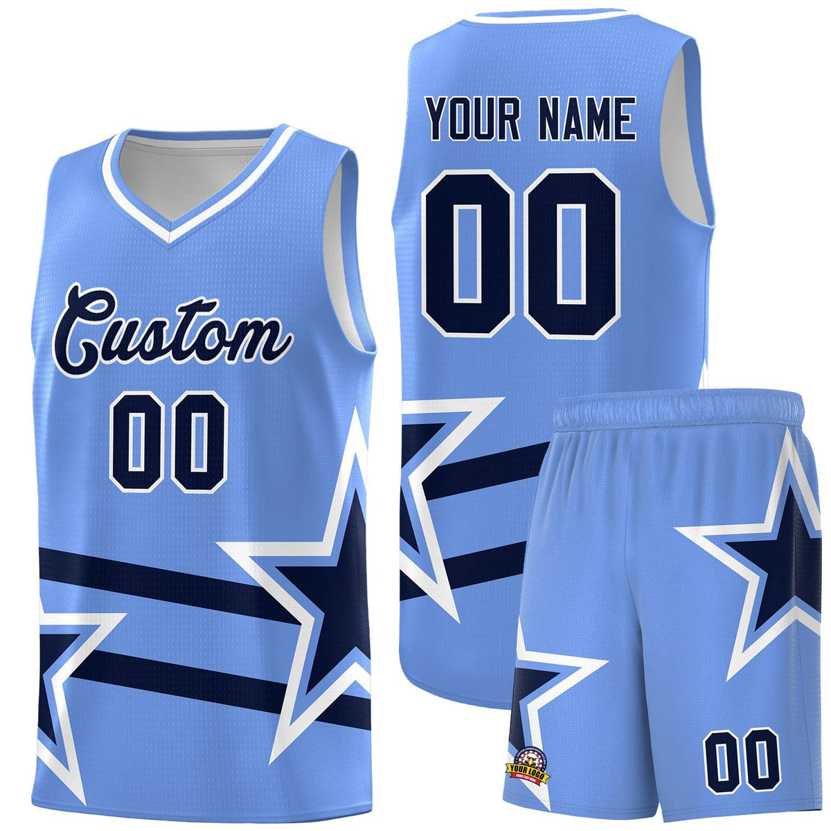 Custom Light Blue Basketball Kits With Navy Star Pattern And Double Lines