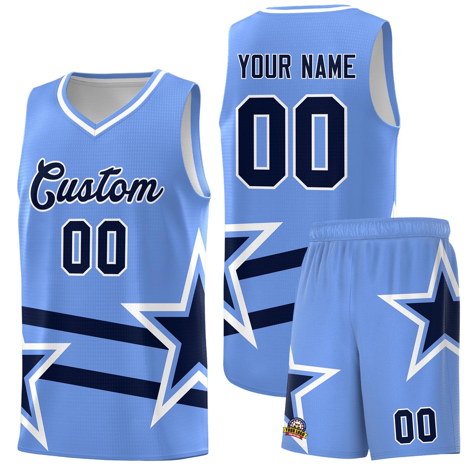 Custom Light Blue Basketball Kits With Navy Star Pattern And Double Lines