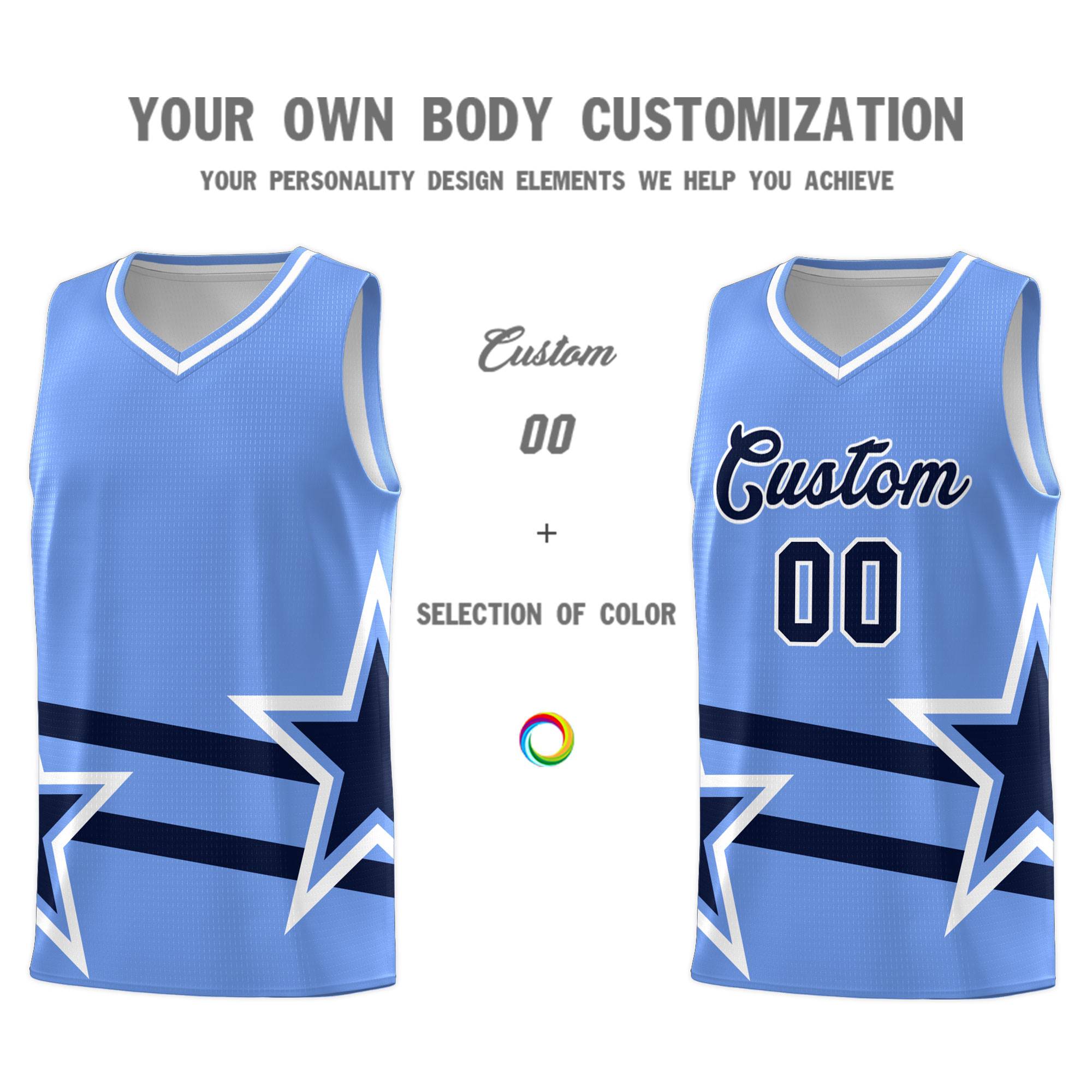 Custom Light Blue Basketball Kits With Navy Star Pattern And Double Lines