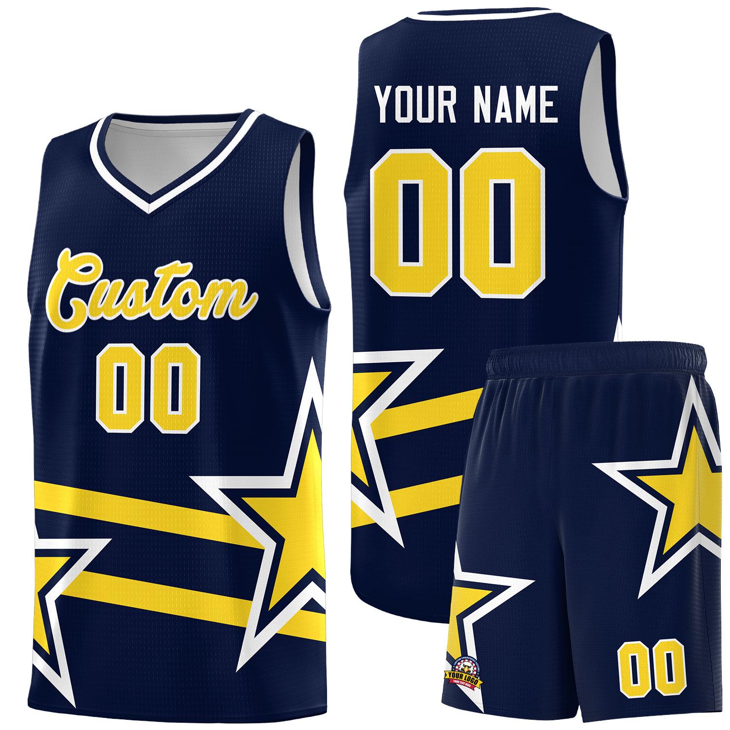 Custom Navy Basketball Kits With Gold Star Pattern And Double Lines