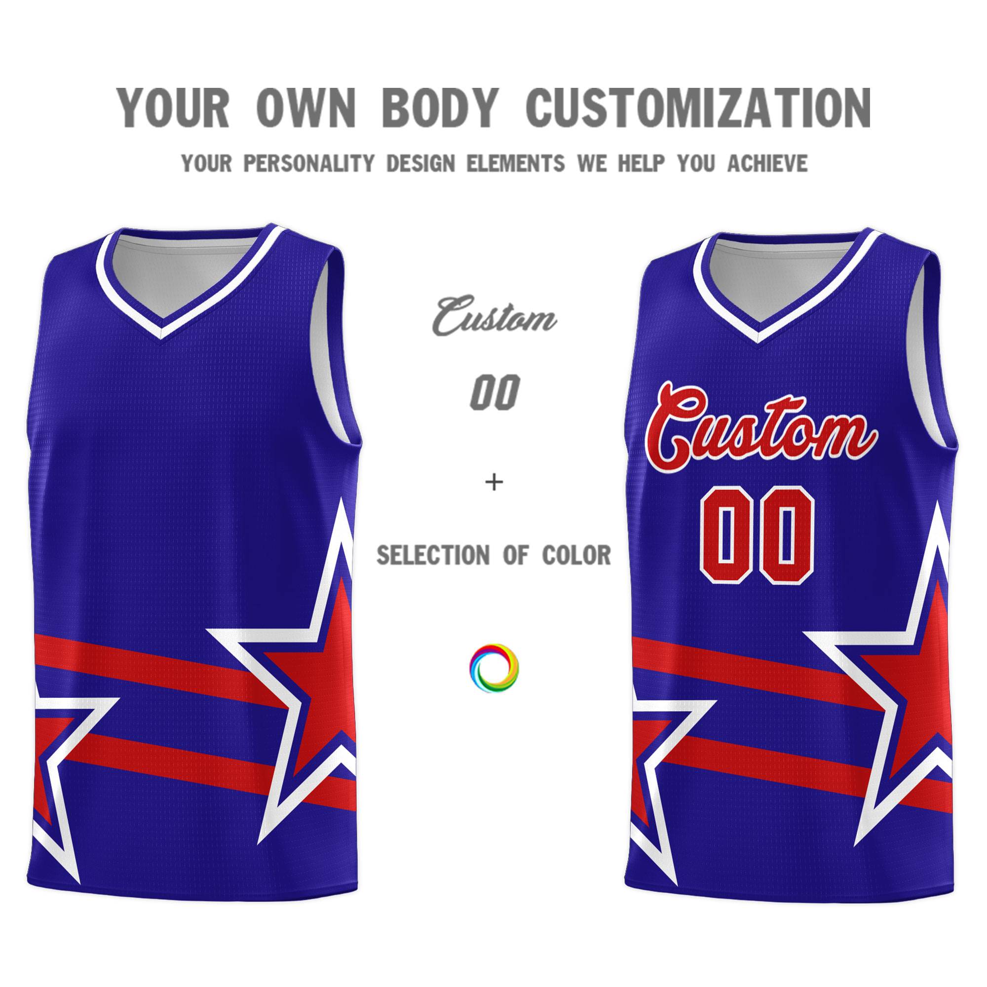 Custom Royal Basketball Kits With Red Star Pattern And Double Lines
