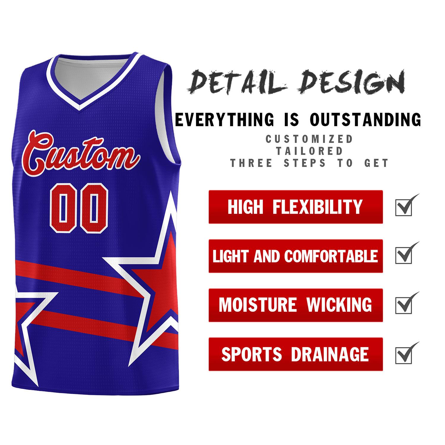 Custom Royal Basketball Kits With Red Star Pattern And Double Lines