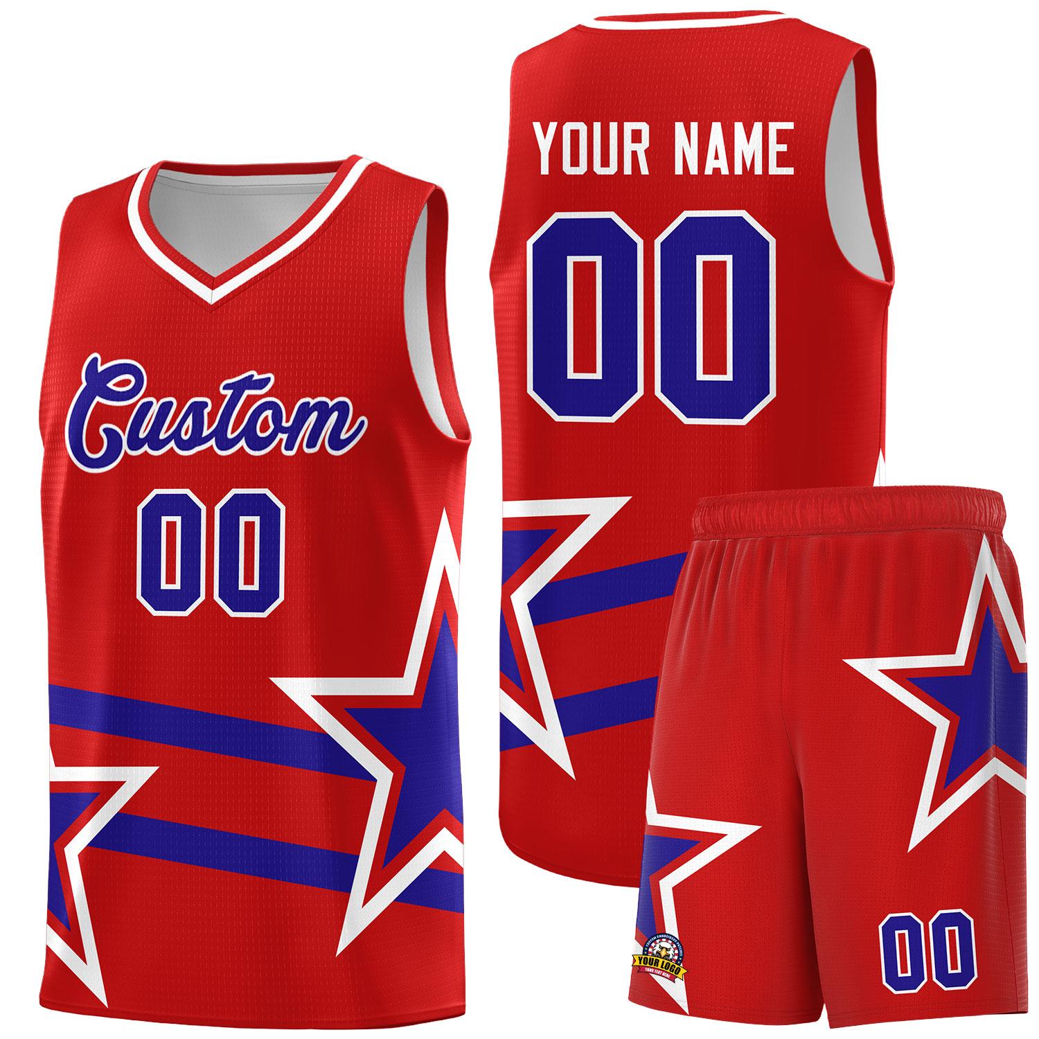 Custom Red Basketball Kits With Royal Star Pattern And Double Lines