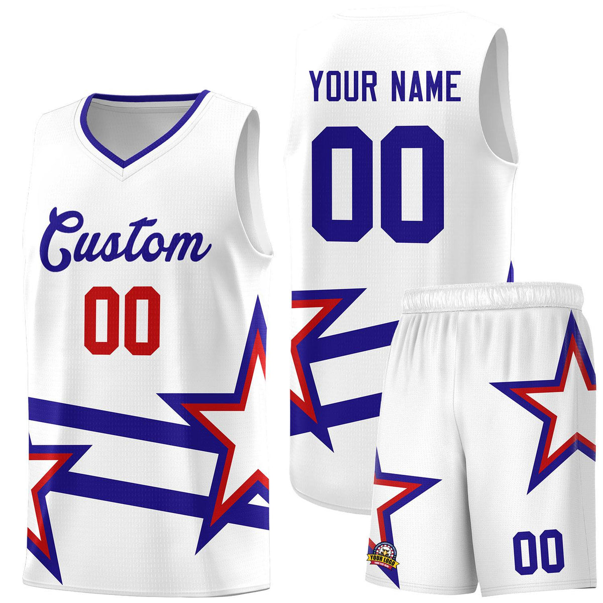 Custom Red Basketball Kits With Royal Star Pattern And Double Lines