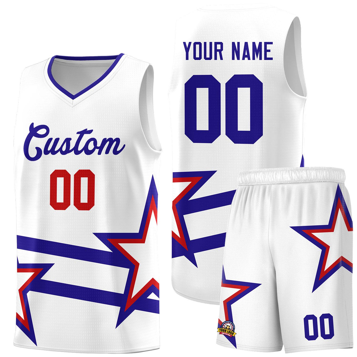Custom Red Basketball Kits With Royal Star Pattern And Double Lines