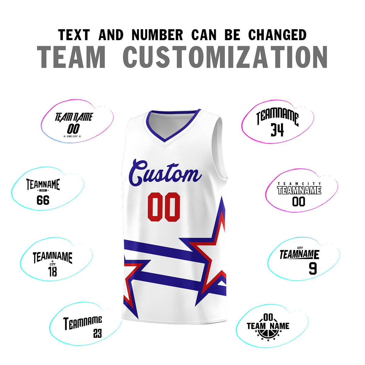 Custom Red Basketball Kits With Royal Star Pattern And Double Lines