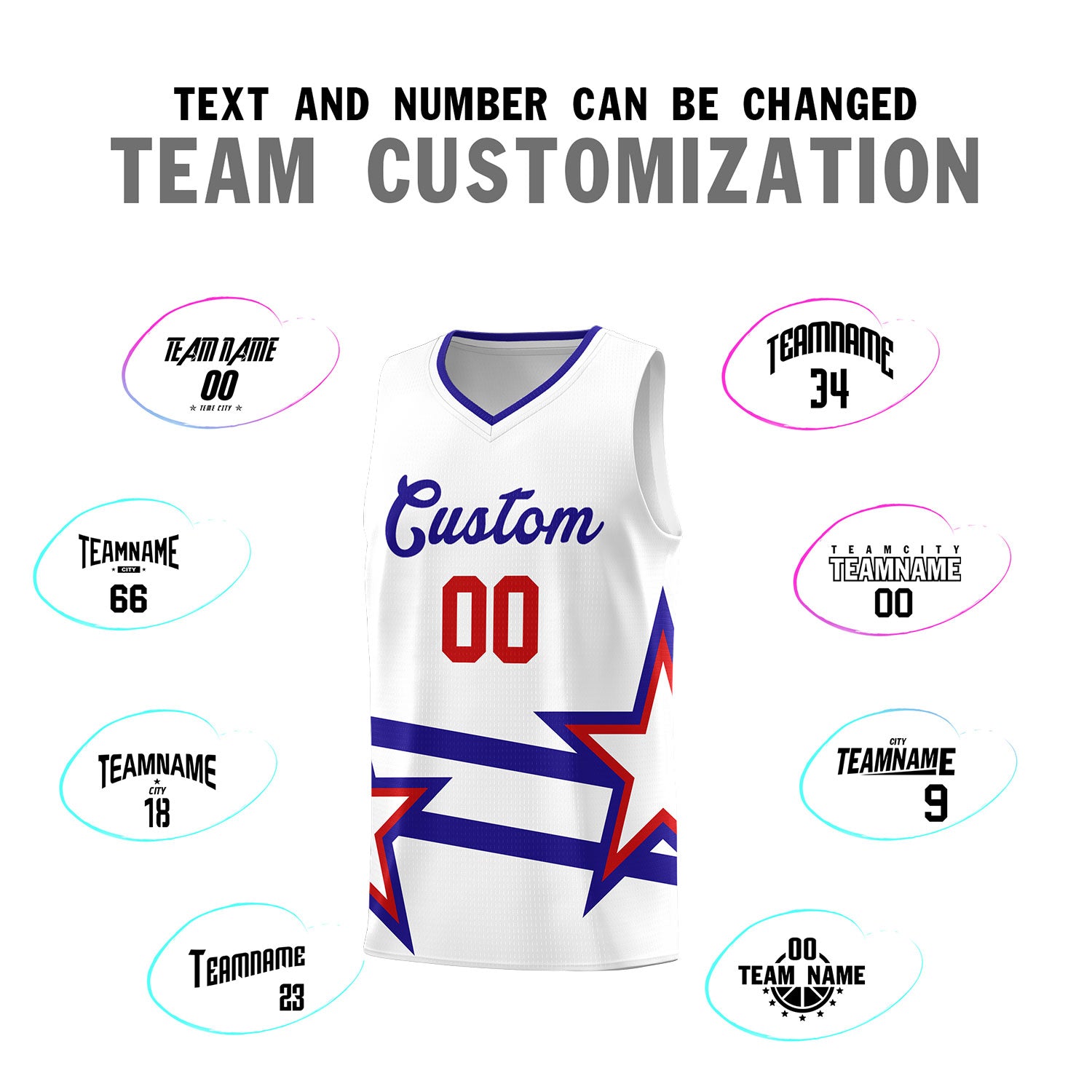 Custom Red Basketball Kits With Royal Star Pattern And Double Lines