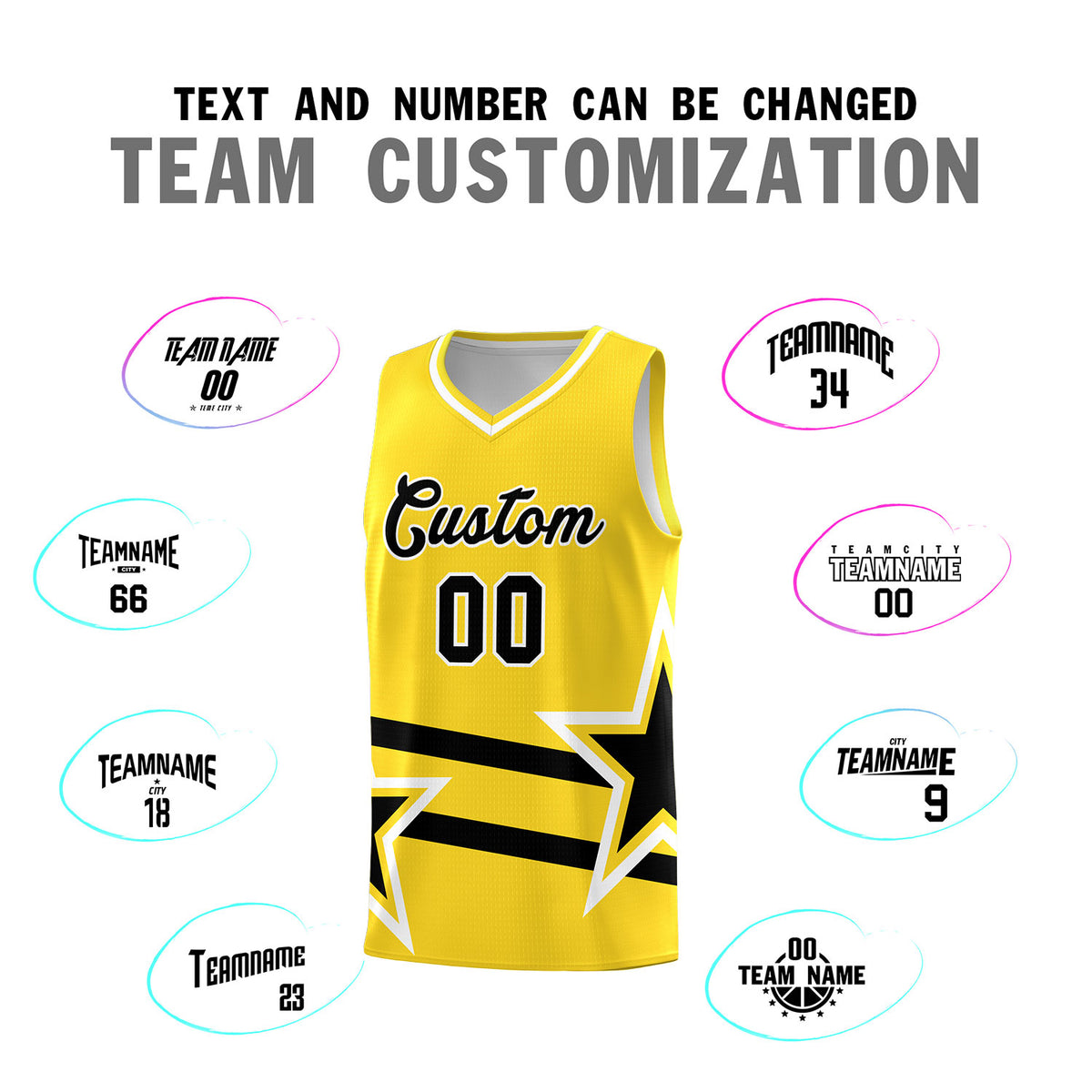 Custom Gold Basketball Kits With Black Star Pattern And Double Lines