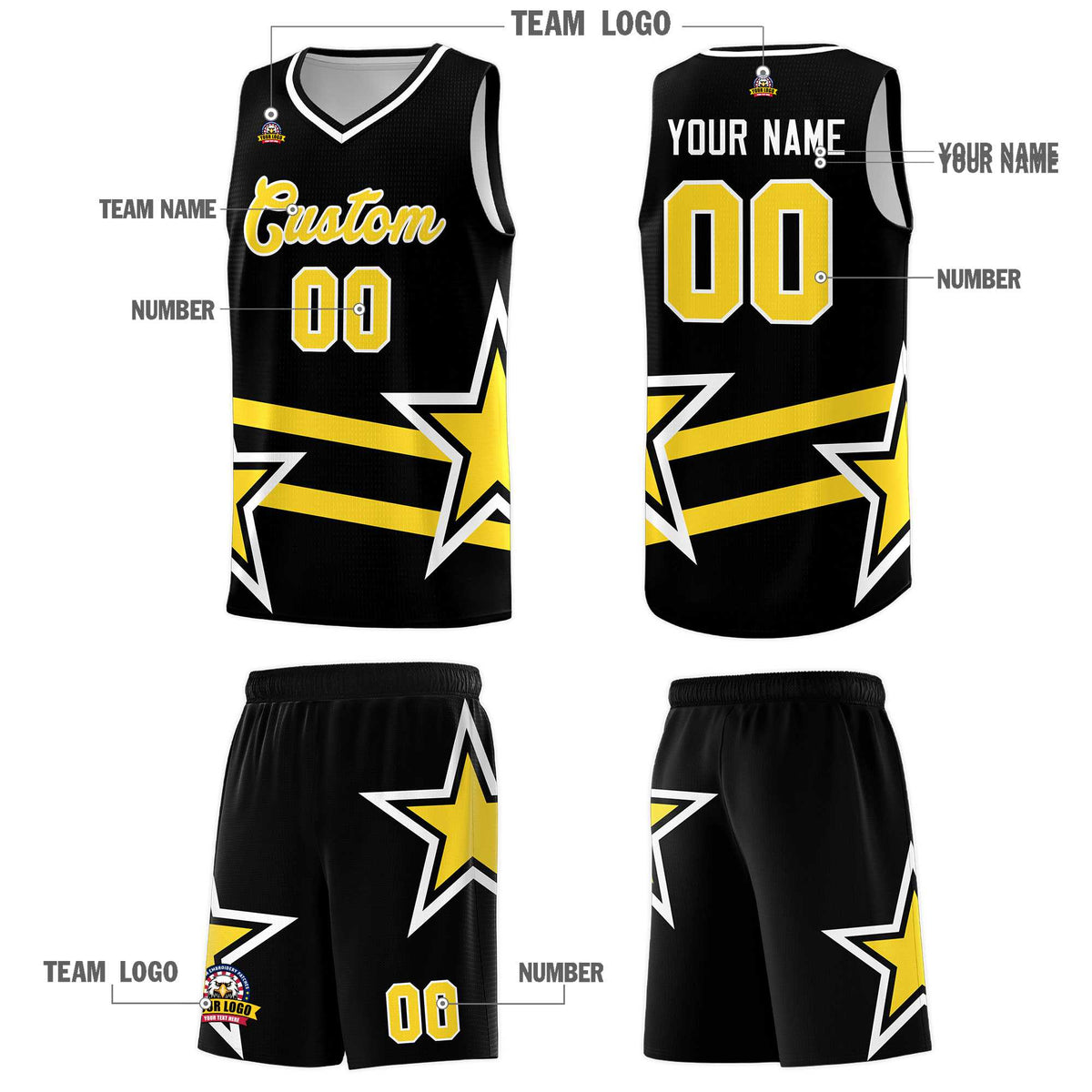 Custom Black Basketball Kits With Gold Star Pattern And Double Lines