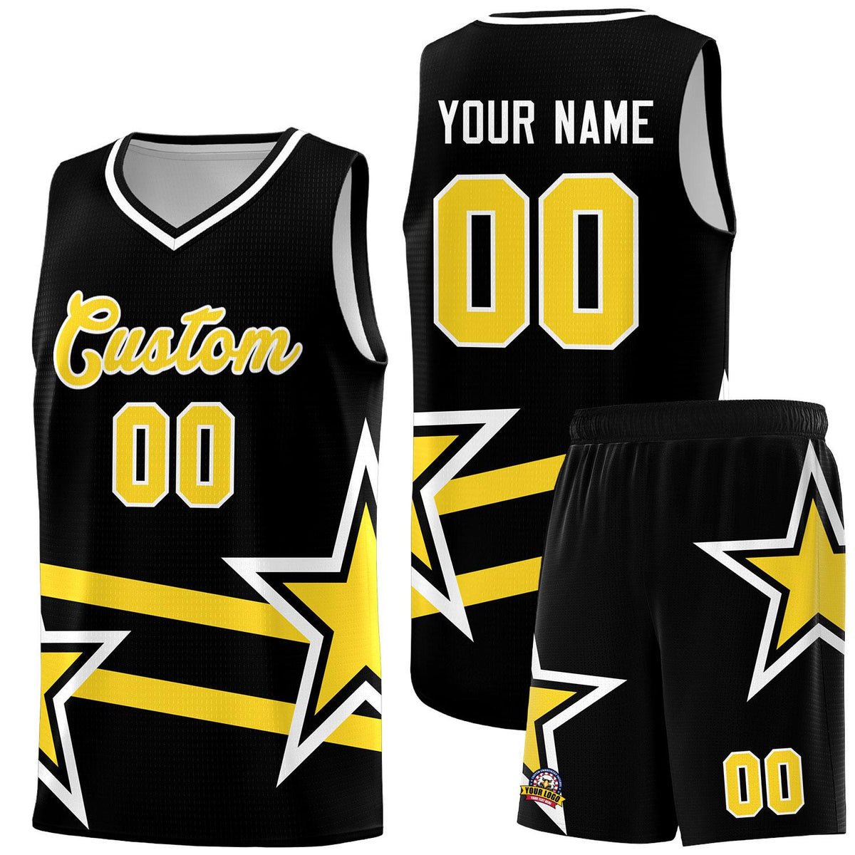 Custom Black Basketball Kits With Gold Star Pattern And Double Lines