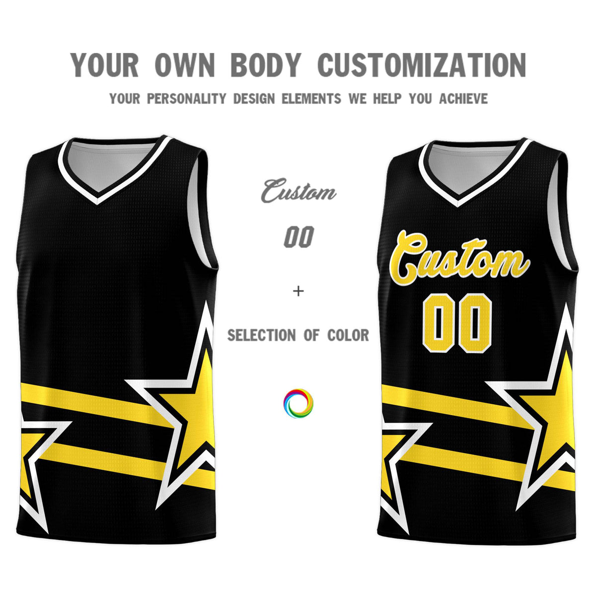 Custom Black Basketball Kits With Gold Star Pattern And Double Lines