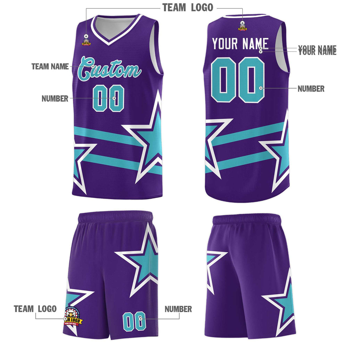 Custom Purple Basketball Kits With Sky Blue Star Pattern And Double Lines