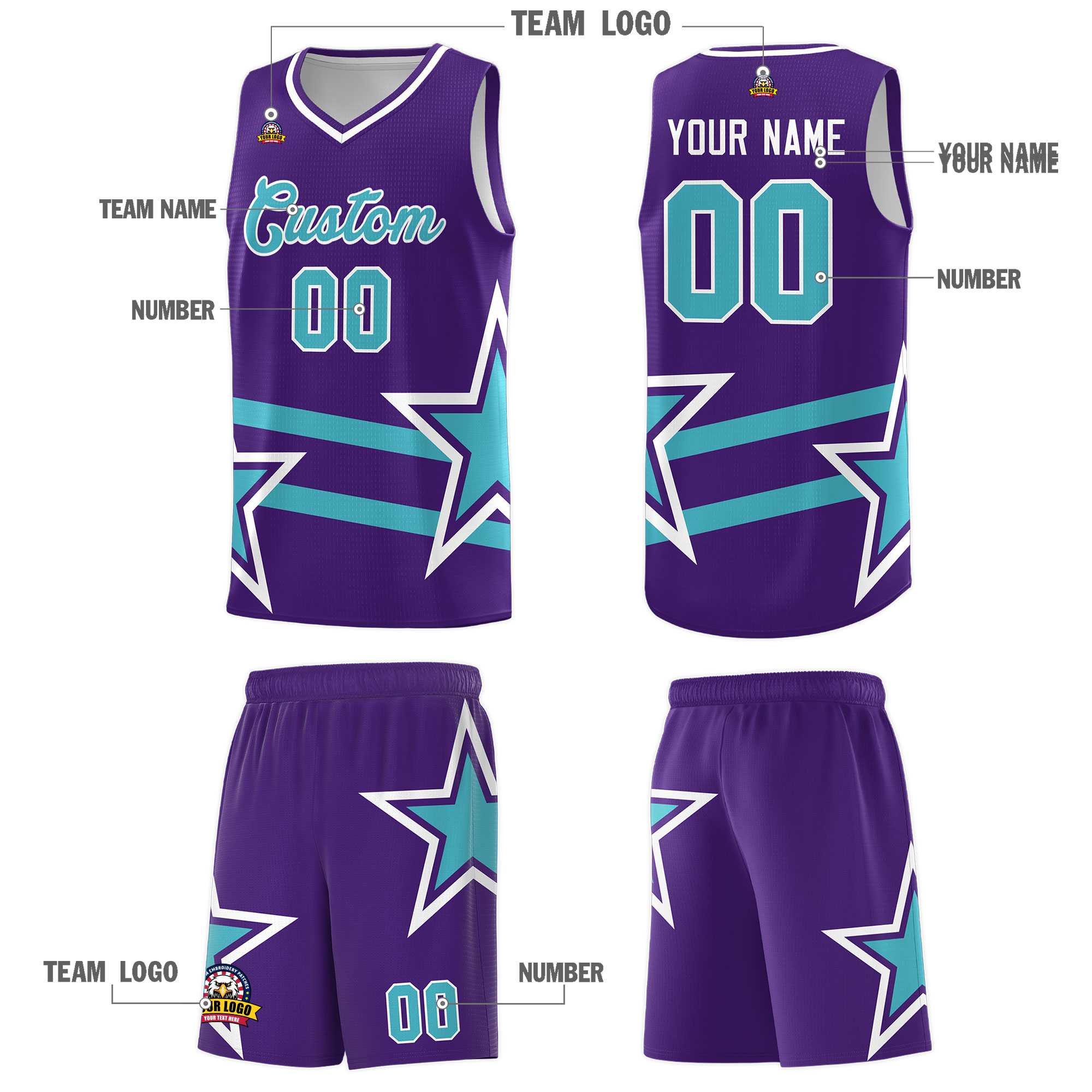 Custom Purple Basketball Kits With Sky Blue Star Pattern And Double Lines