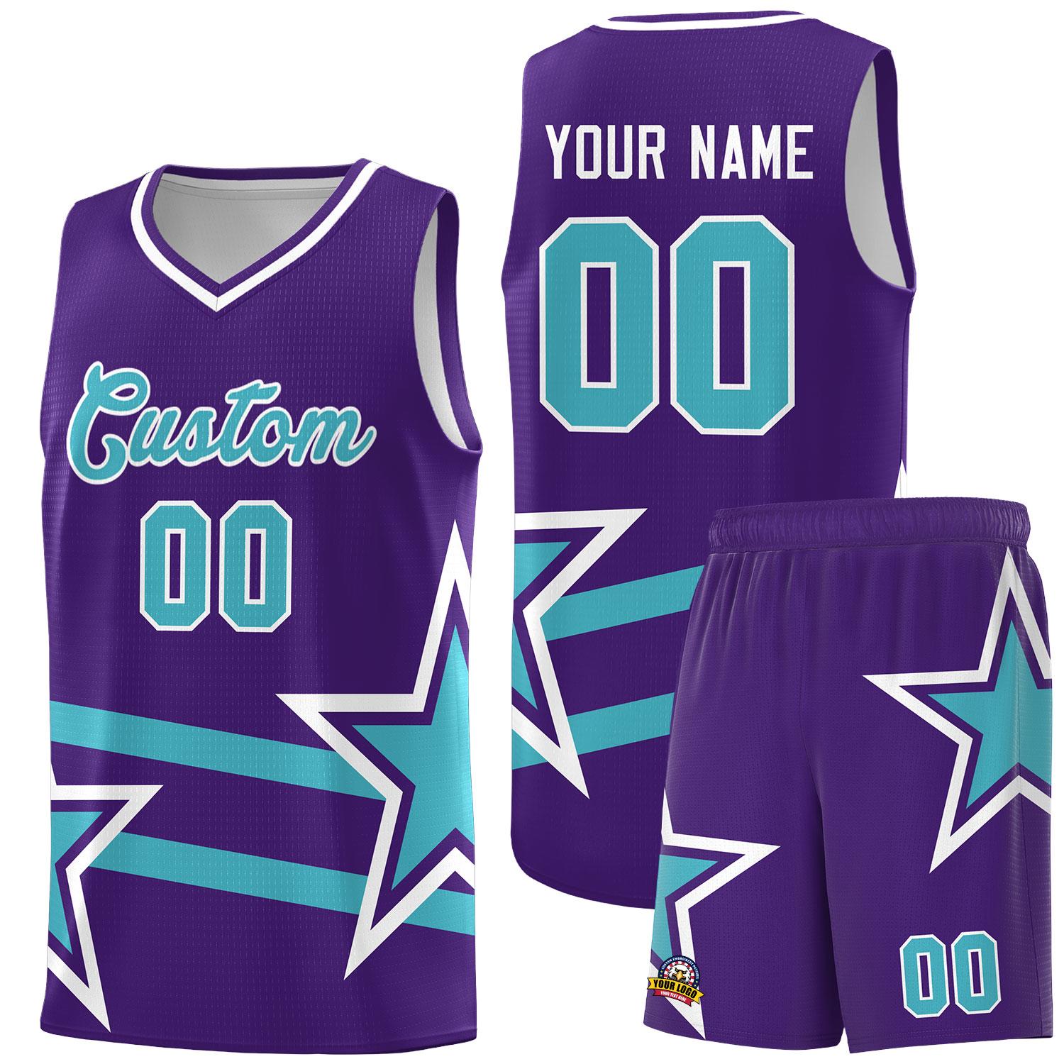 Custom Purple Basketball Kits With Sky Blue Star Pattern And Double Lines