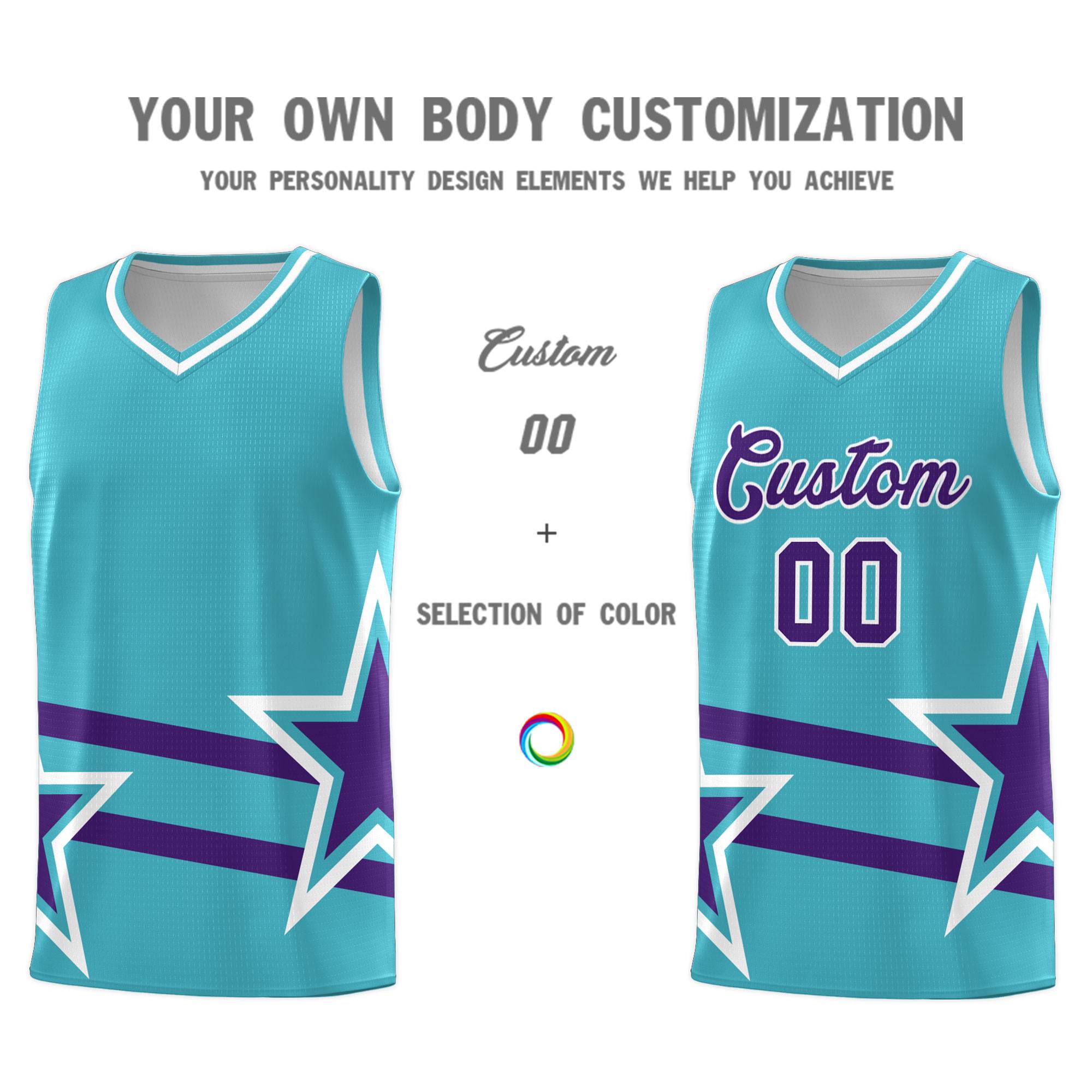 Custom Sky Blue Basketball Kits With Purple Star Pattern And Double Lines
