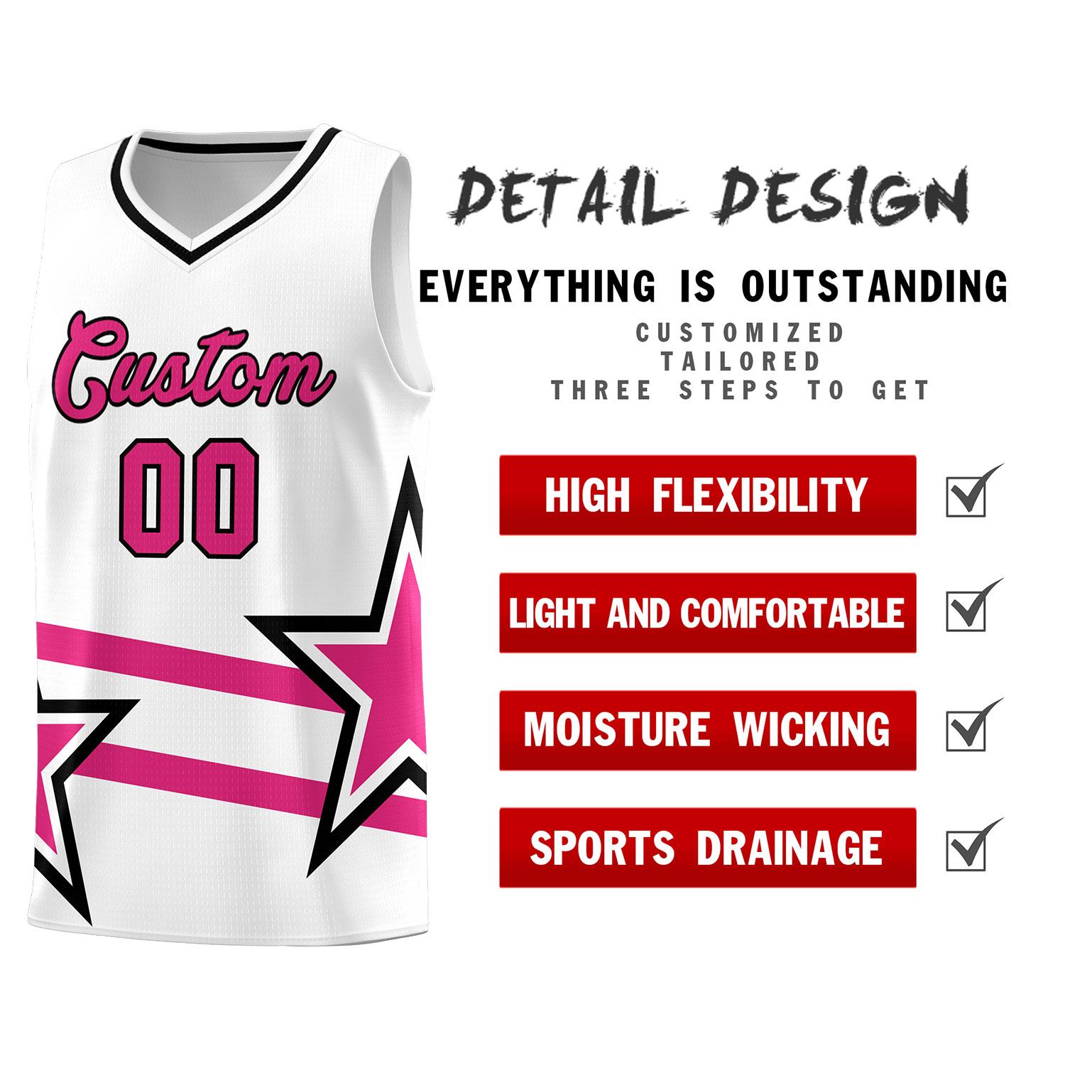 Custom White Basketball Kits With Rose Red Star Pattern And Double Lines