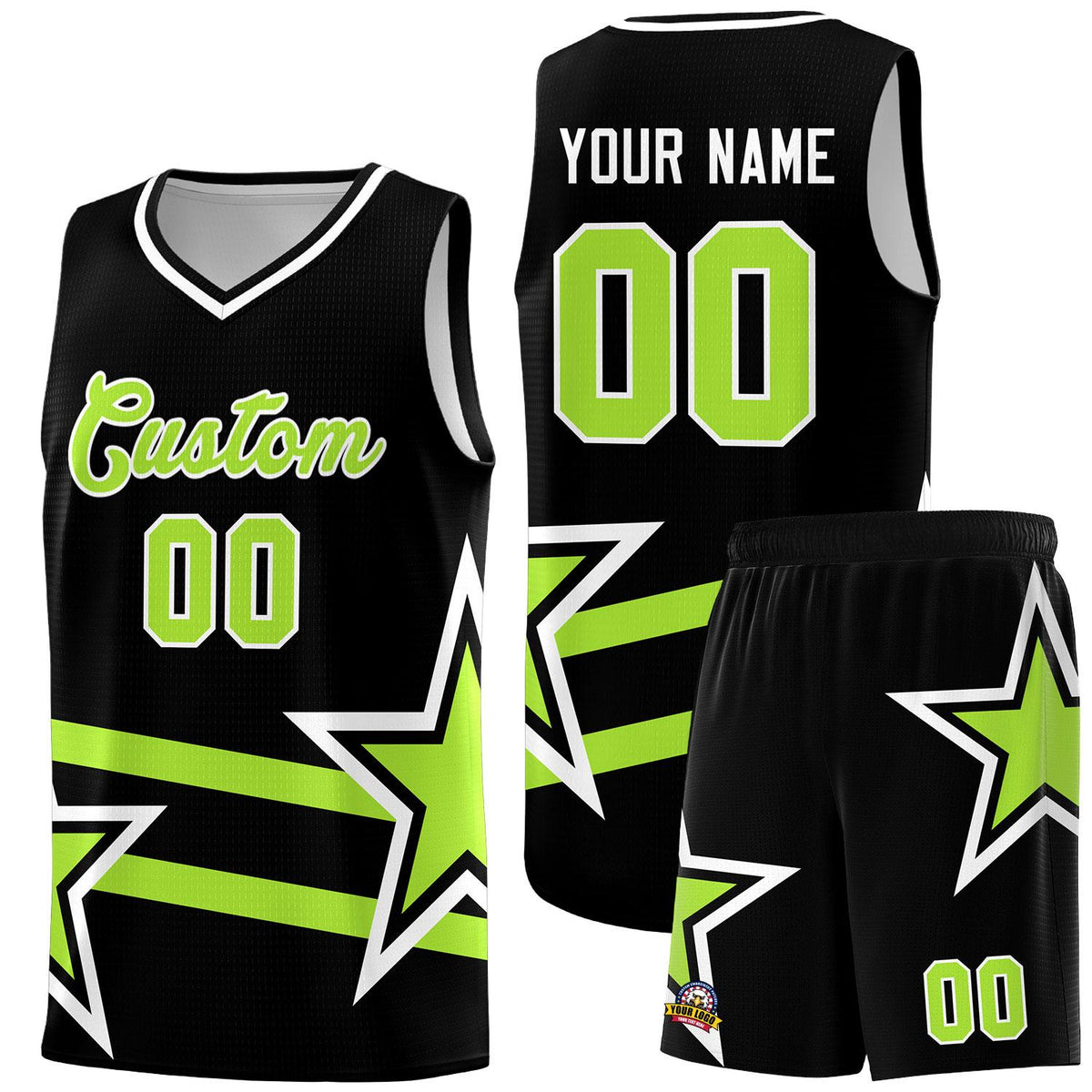 Custom Black Basketball Kits With Neon Green Star Pattern And Double Lines