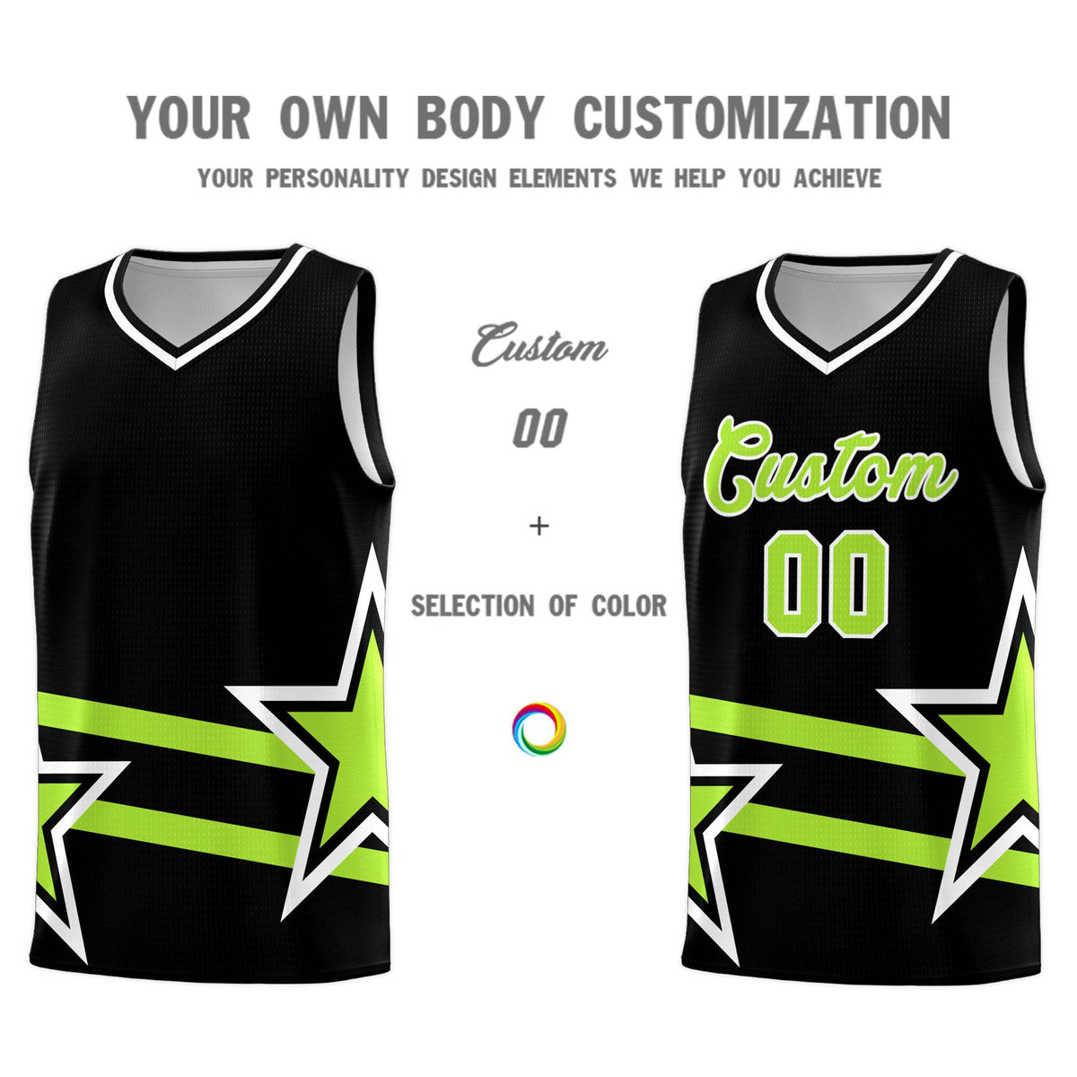 Custom Black Basketball Kits With Neon Green Star Pattern And Double Lines