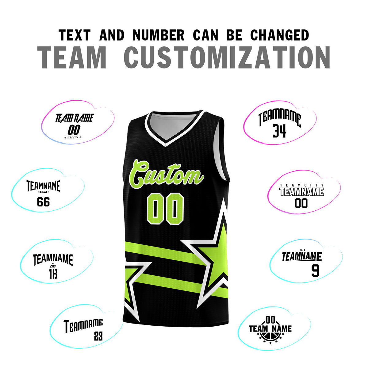 Custom Black Basketball Kits With Neon Green Star Pattern And Double Lines