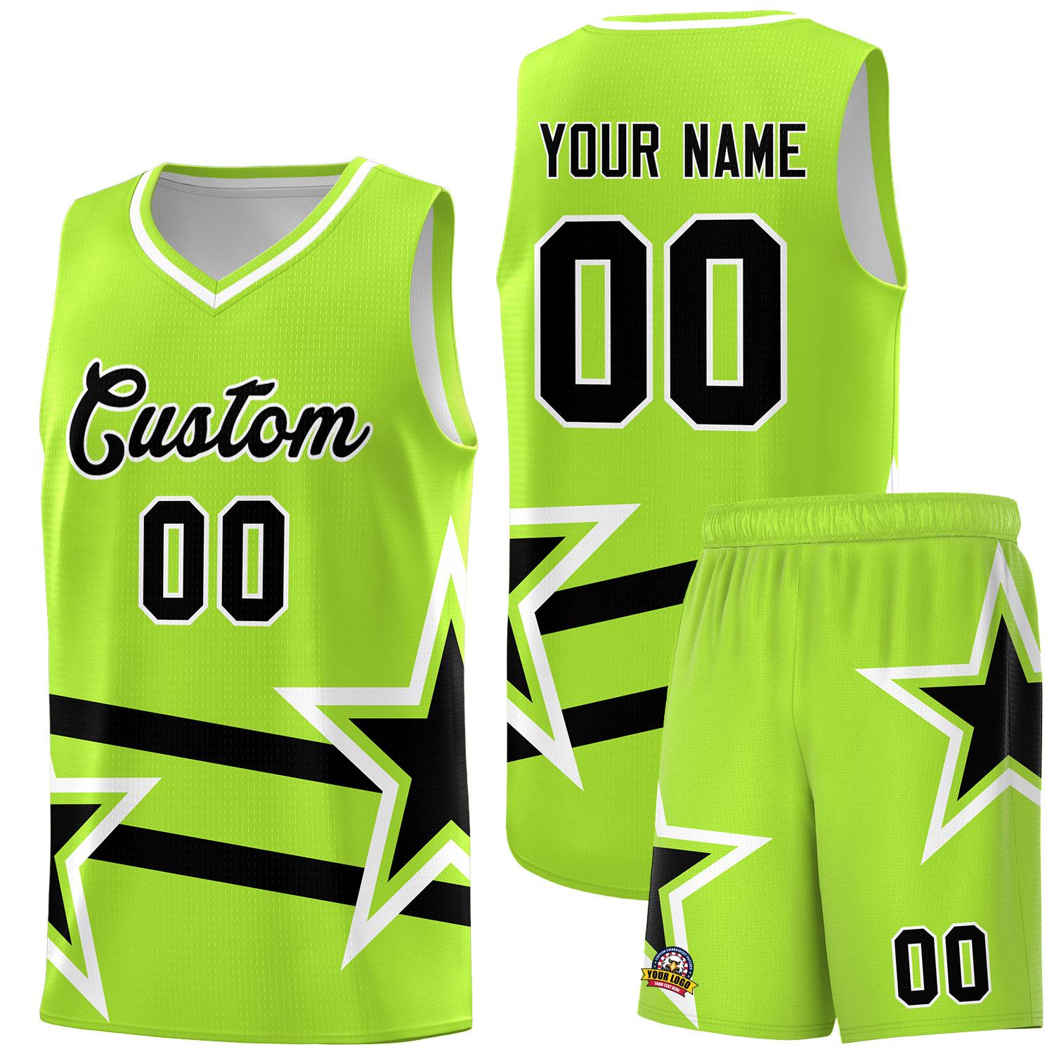 Custom Neon Green Basketball Kits With Black Star Pattern And Double Lines