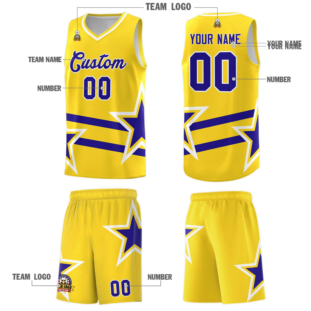 Custom Gold Basketball Kits With Royal Star Pattern And Double Lines
