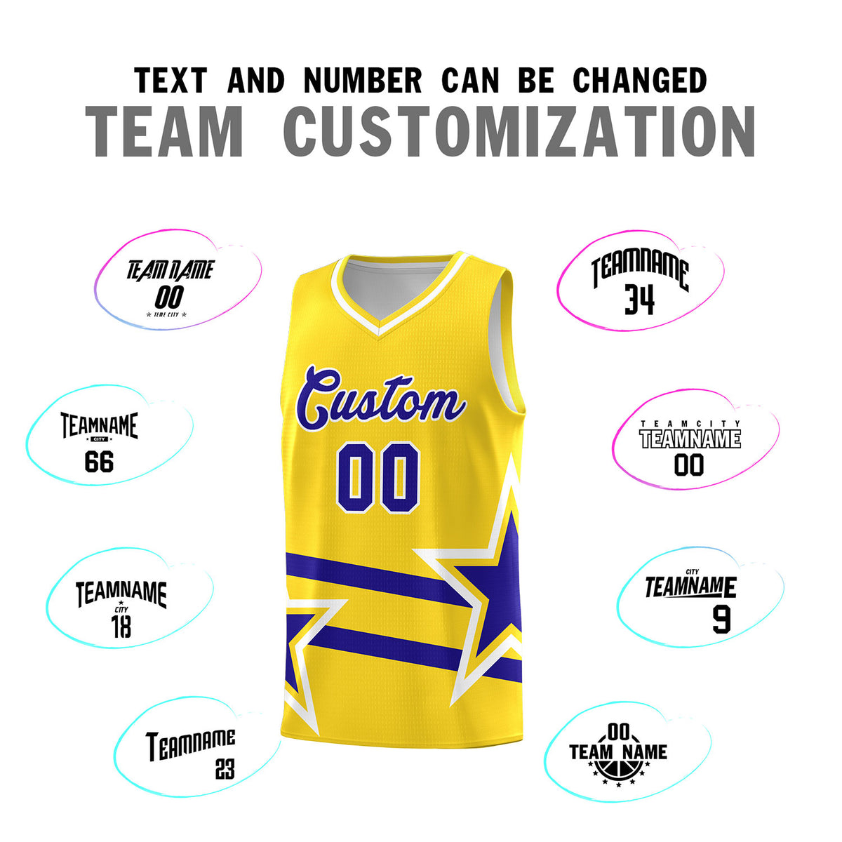 Custom Gold Basketball Kits With Royal Star Pattern And Double Lines