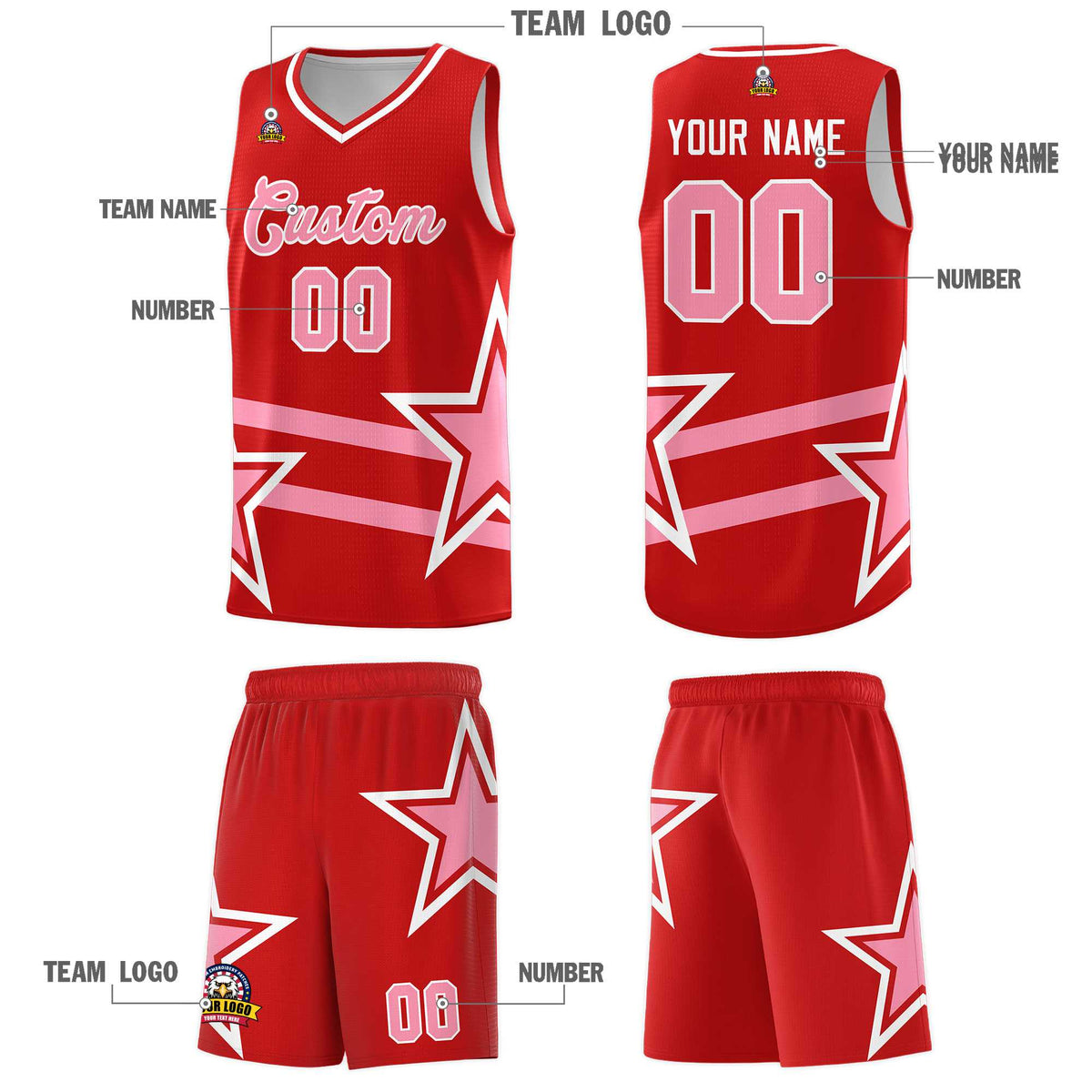 Custom Red Basketball Kits With Light Pink Star Pattern And Double Lines
