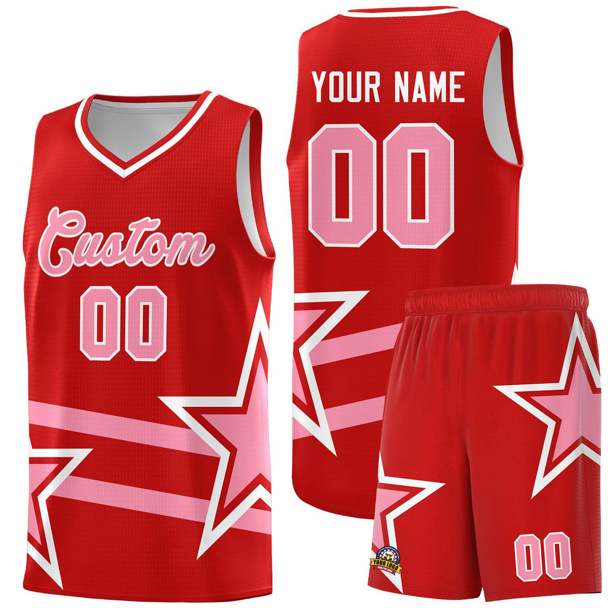 Custom Red Basketball Kits With Light Pink Star Pattern And Double Lines
