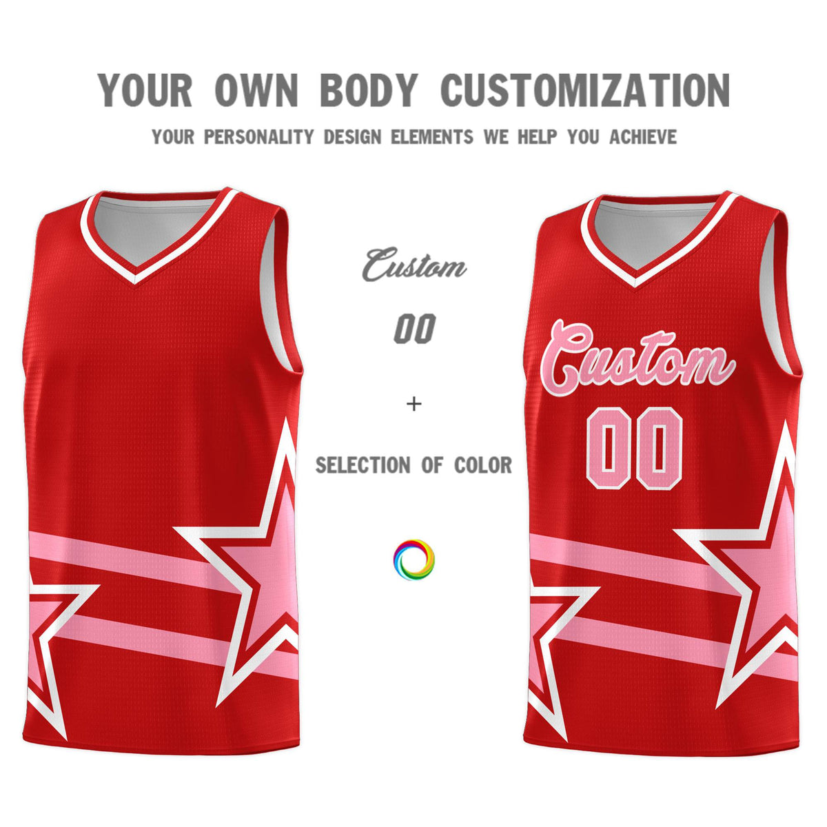 Custom Red Basketball Kits With Light Pink Star Pattern And Double Lines