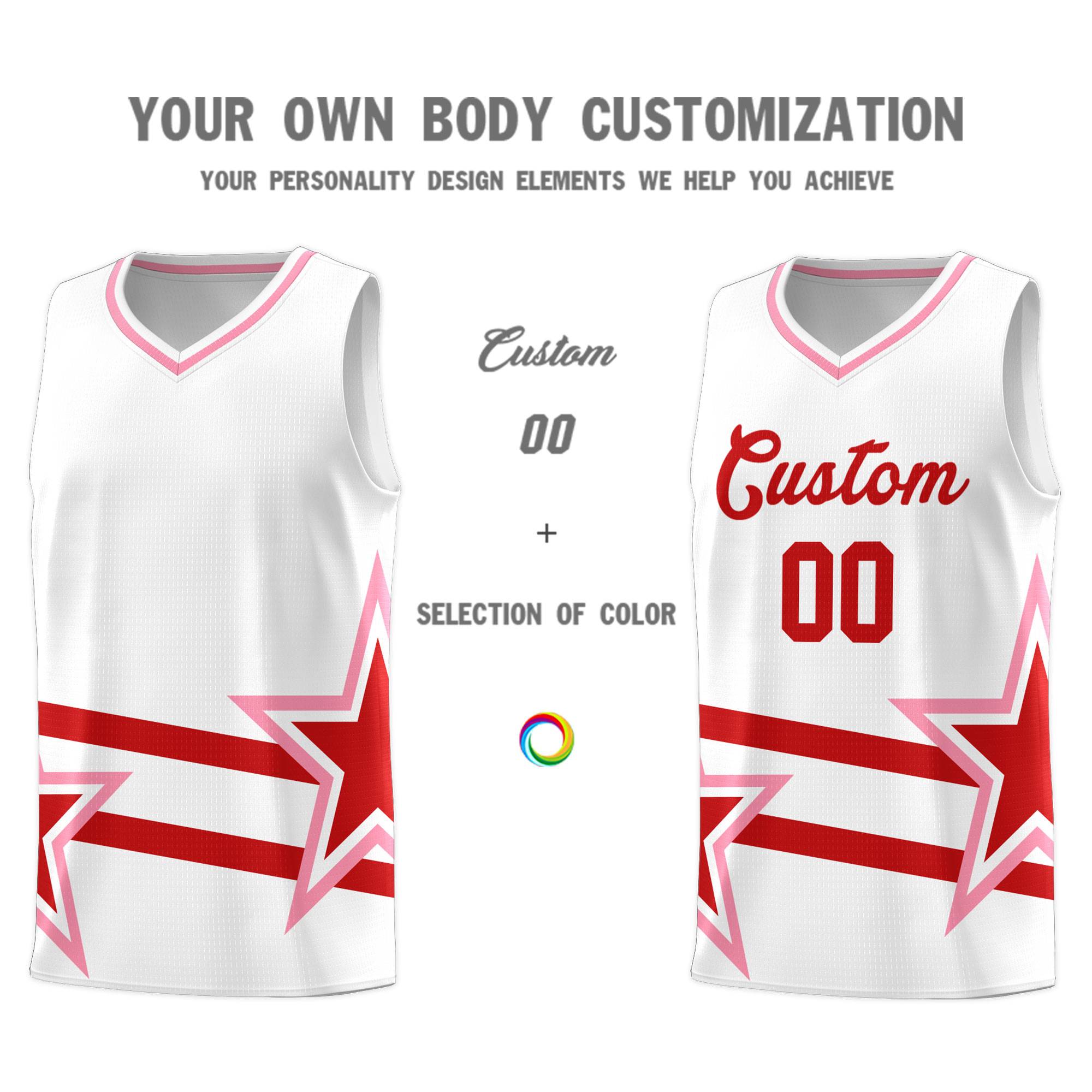 Custom White Basketball Kits With Red Star Pattern And Double Lines