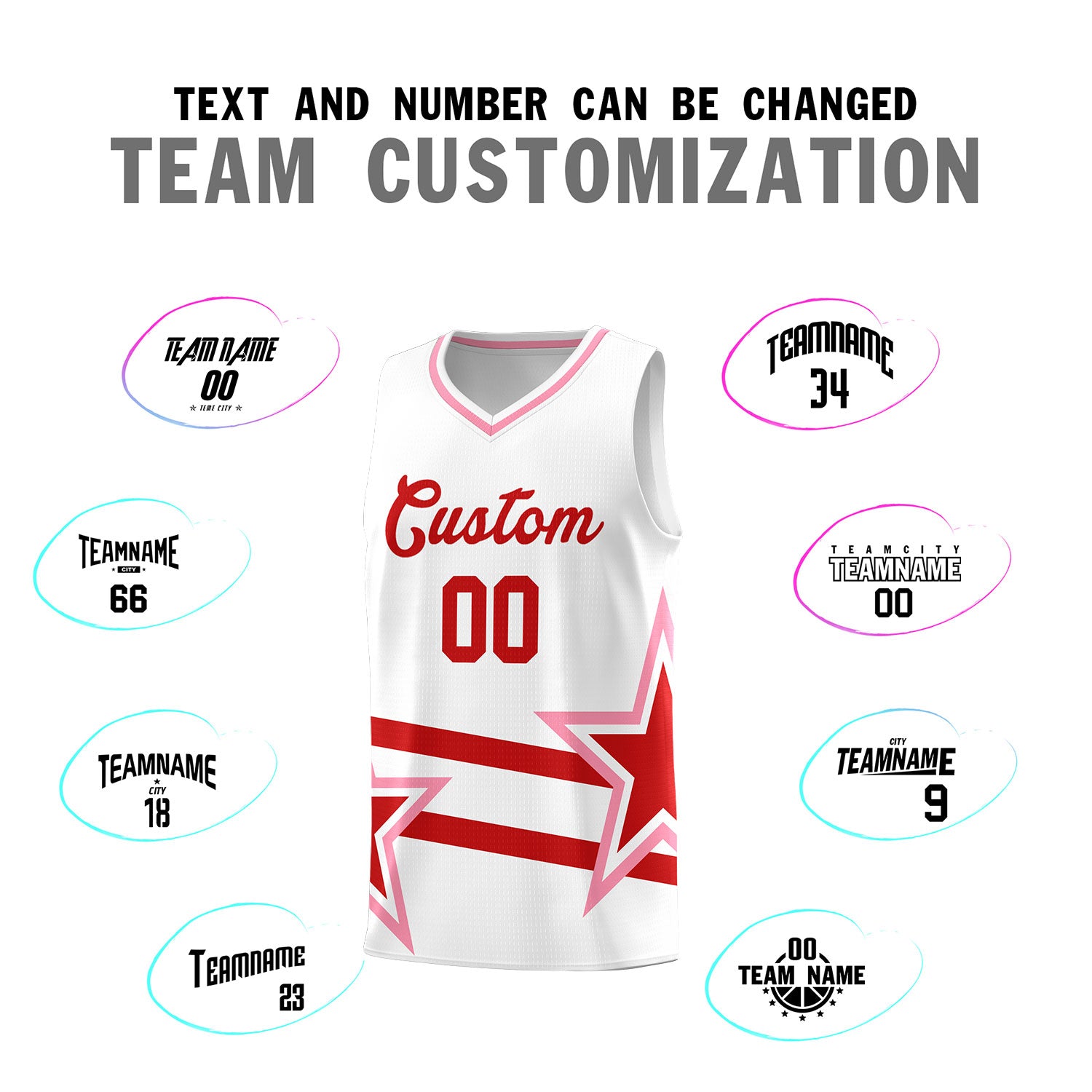 Custom White Basketball Kits With Red Star Pattern And Double Lines