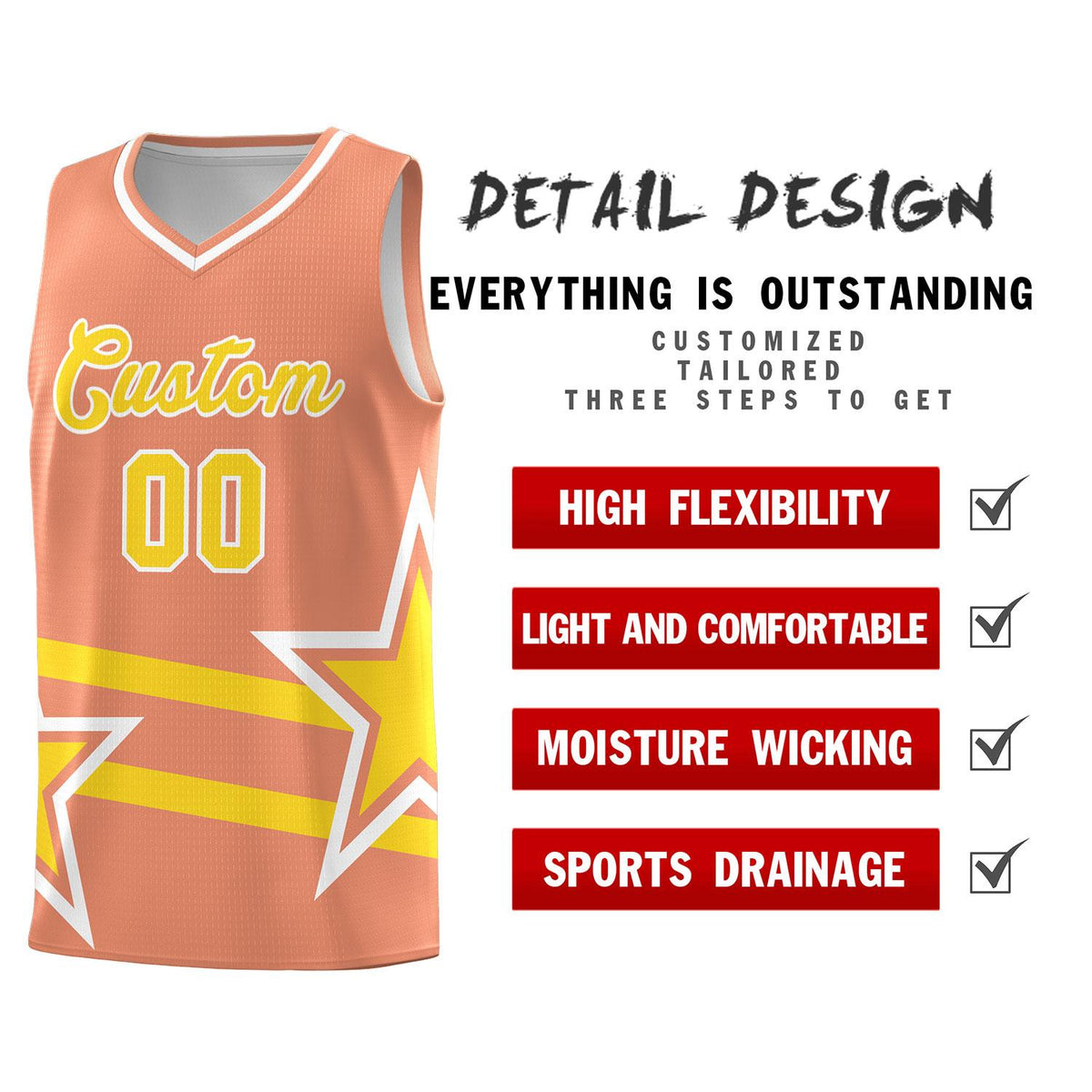 Custom Light Orange Basketball Kits With Gold Star Pattern And Double Lines