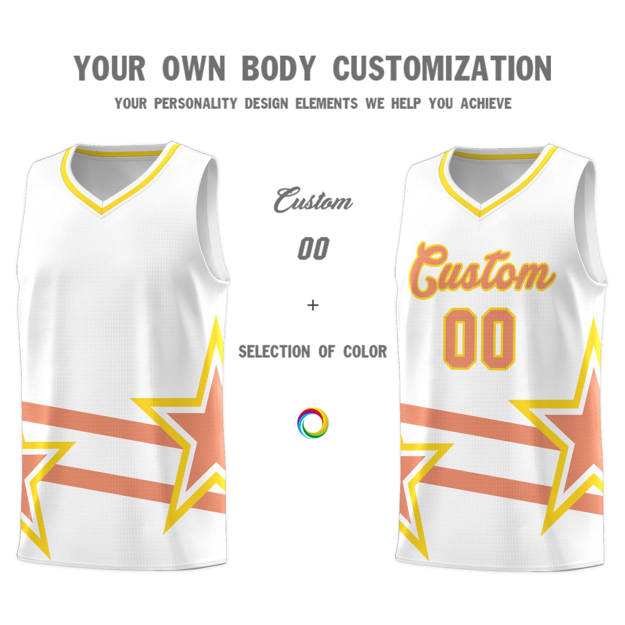 Custom White Basketball Kits With Light Orange Star Pattern And Double Lines