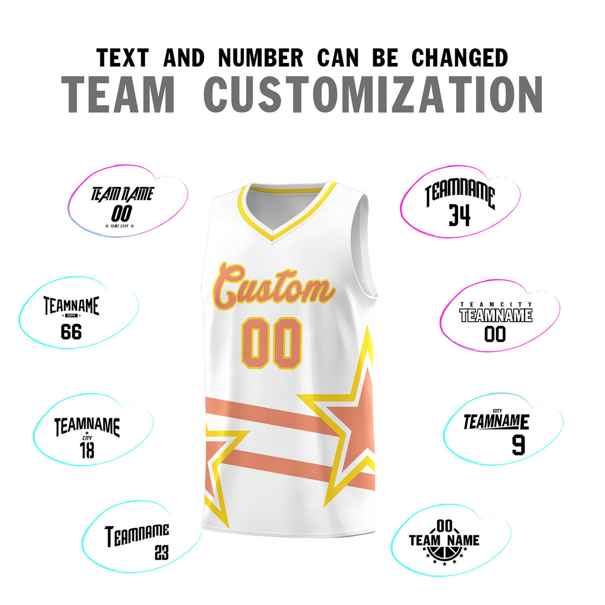 Custom White Basketball Kits With Light Orange Star Pattern And Double Lines