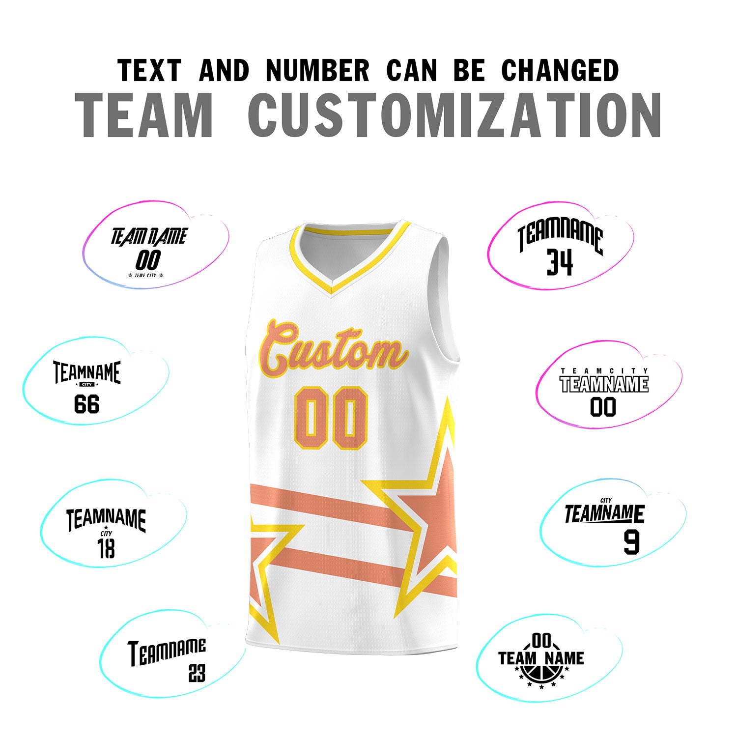 Custom White Basketball Kits With Light Orange Star Pattern And Double Lines