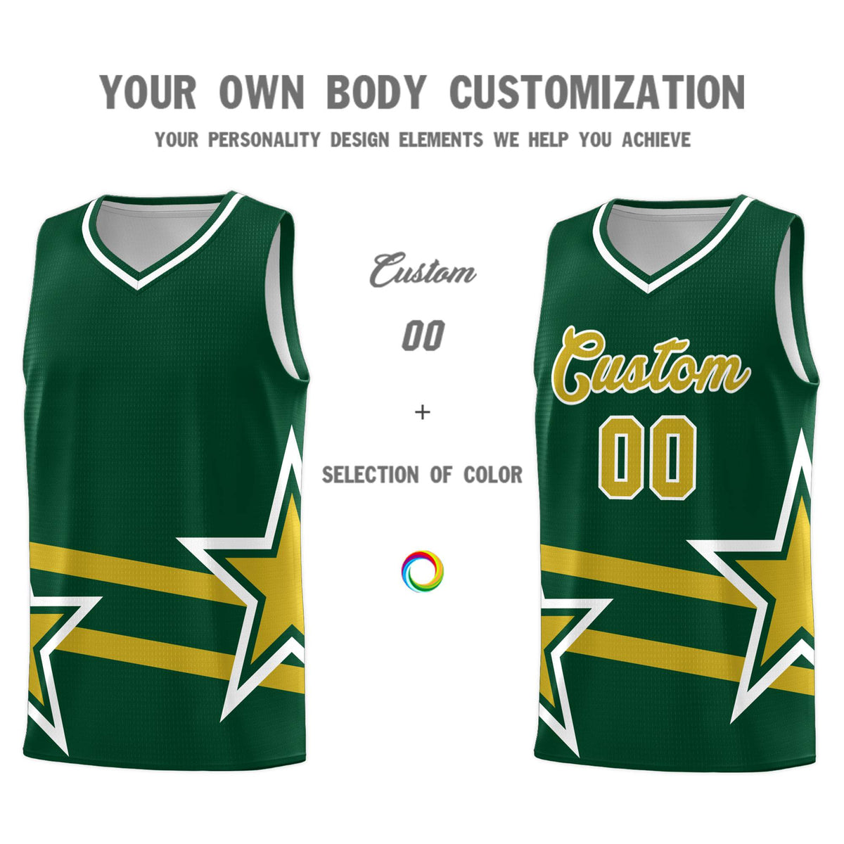 Custom Green Basketball Kits With Old Gold Star Pattern And Double Lines