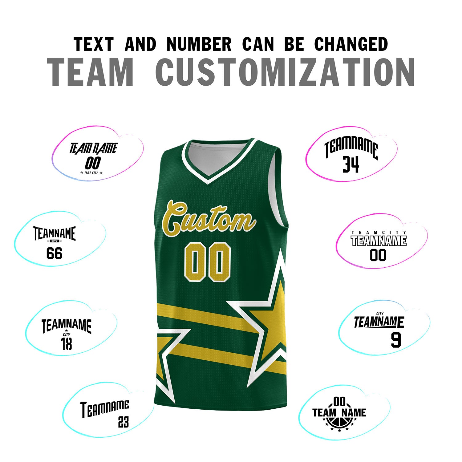 Custom Green Basketball Kits With Old Gold Star Pattern And Double Lines