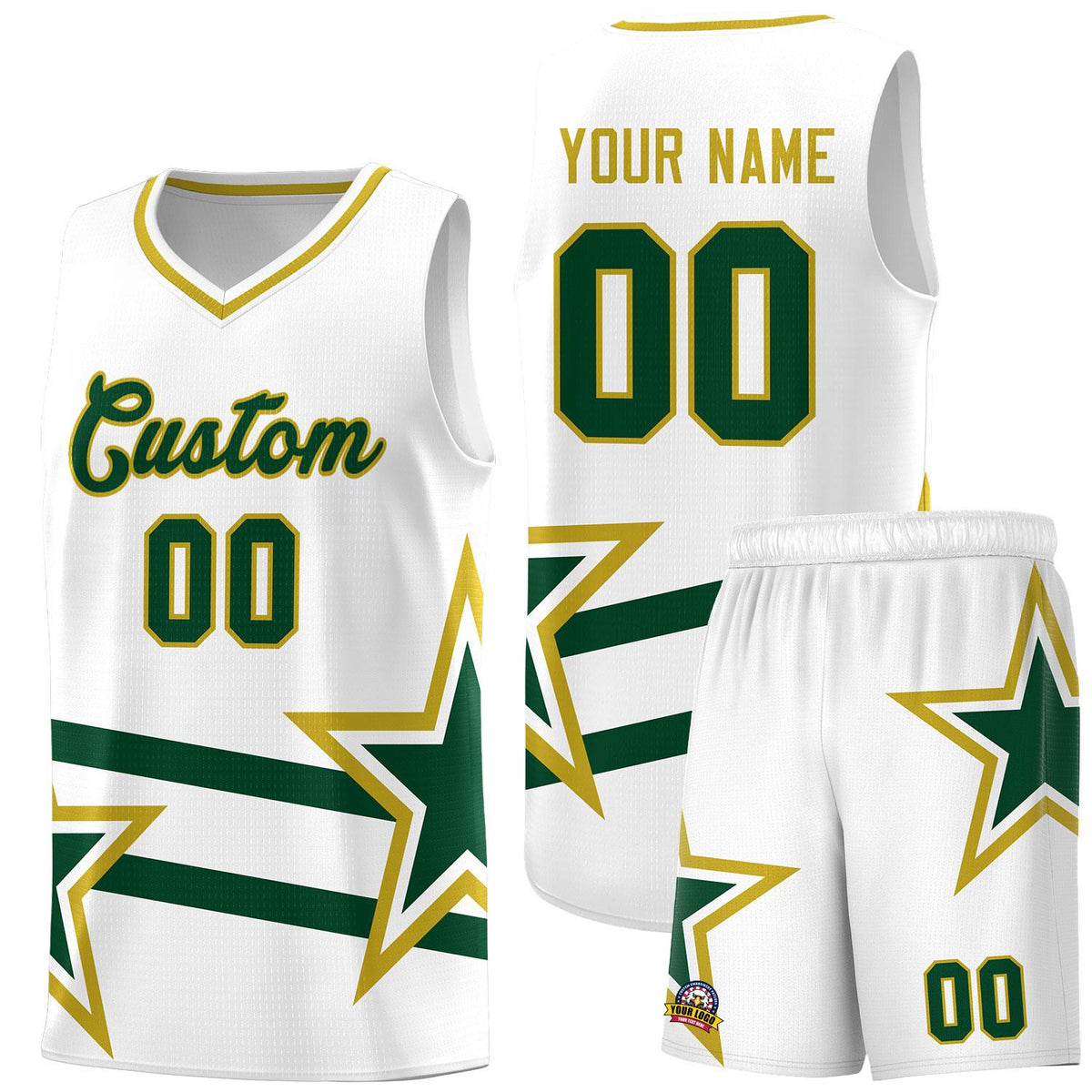 Custom White Basketball Kits With Green Star Pattern And Double Lines