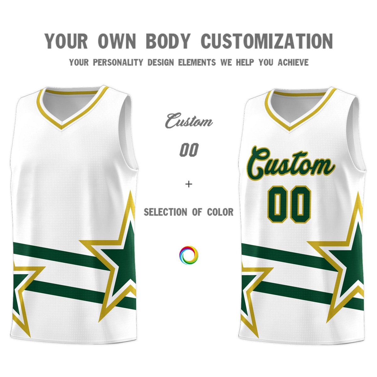 Custom White Basketball Kits With Green Star Pattern And Double Lines