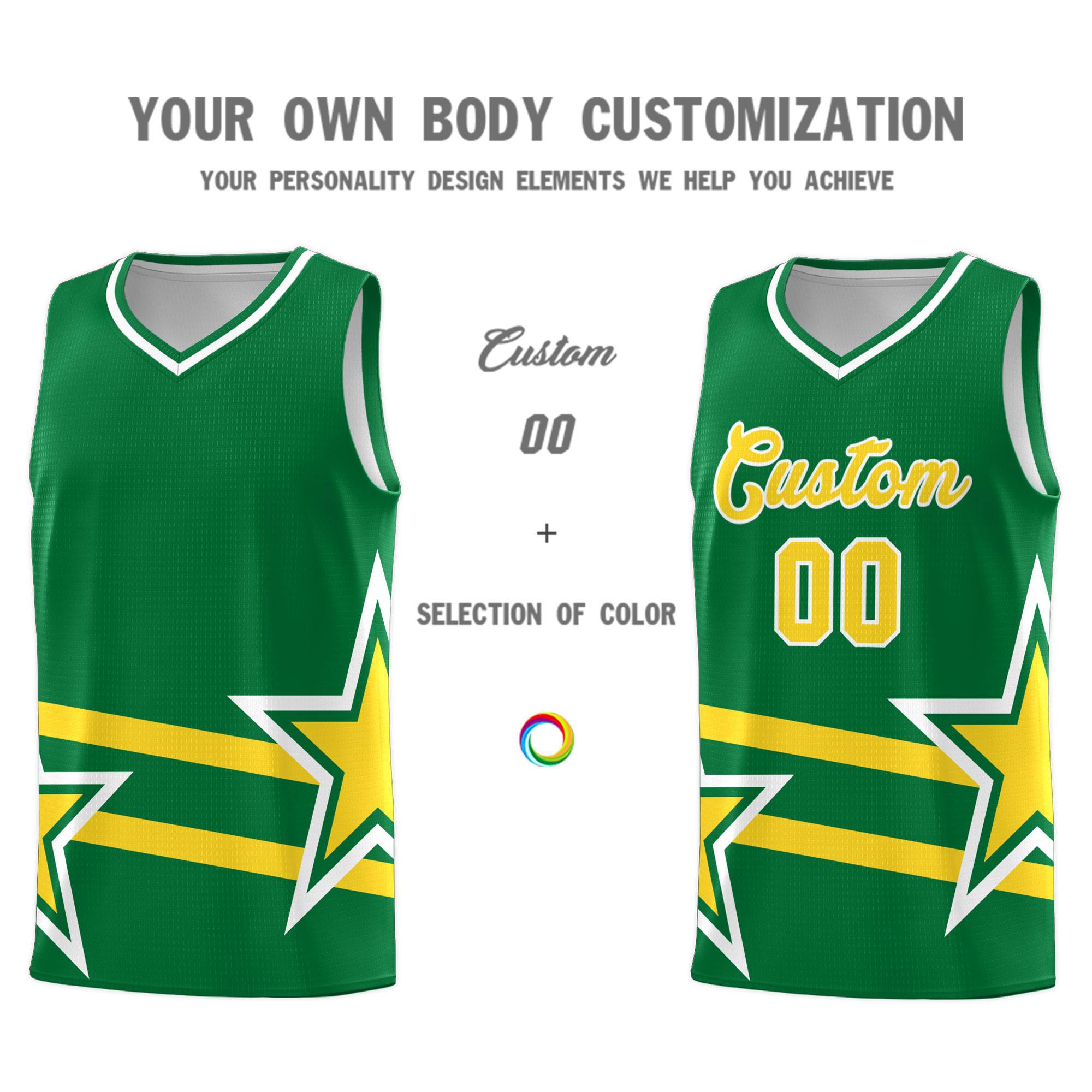 Custom Kelly Green Basketball Kits With Gold Star Pattern And Double Lines