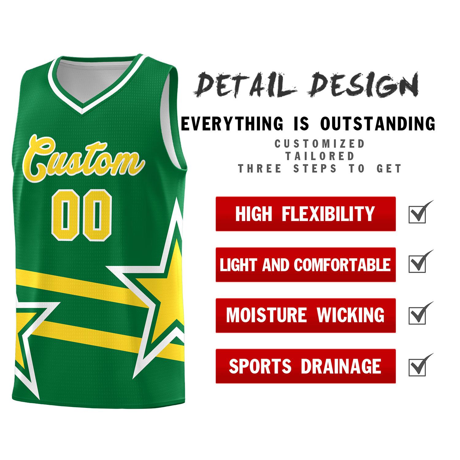 Custom Kelly Green Basketball Kits With Gold Star Pattern And Double Lines