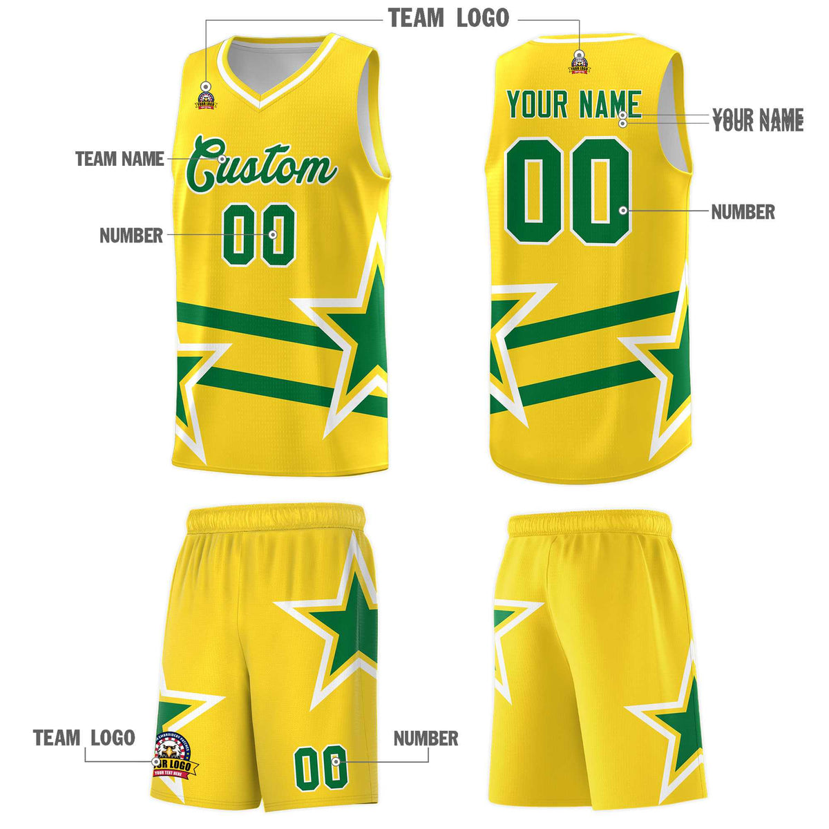 Custom Gold Basketball Kits With Kelly Green Star Pattern And Double Lines