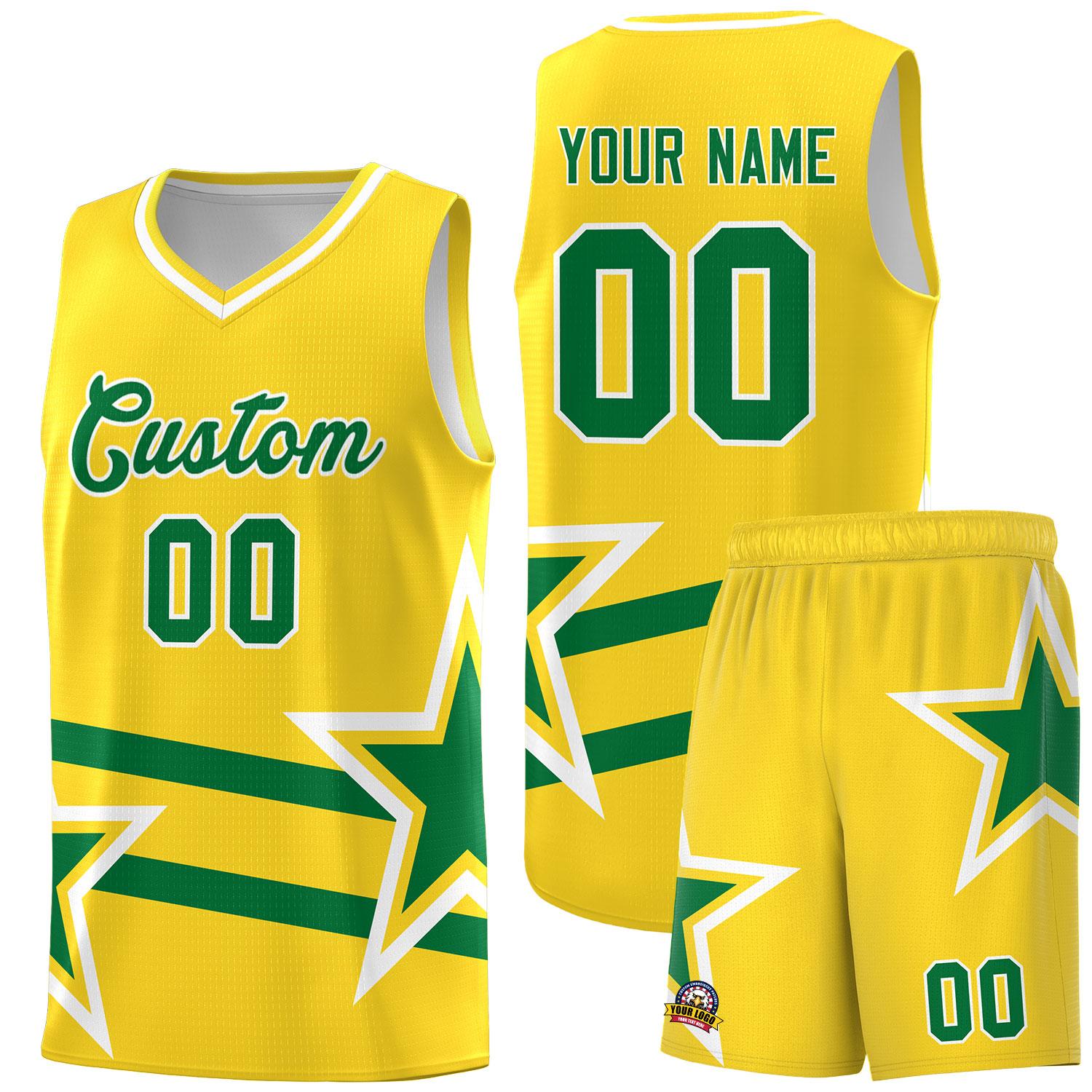 Custom Gold Basketball Kits With Kelly Green Star Pattern And Double Lines