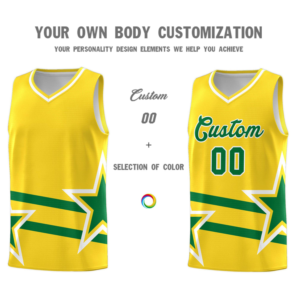 Custom Gold Basketball Kits With Kelly Green Star Pattern And Double Lines
